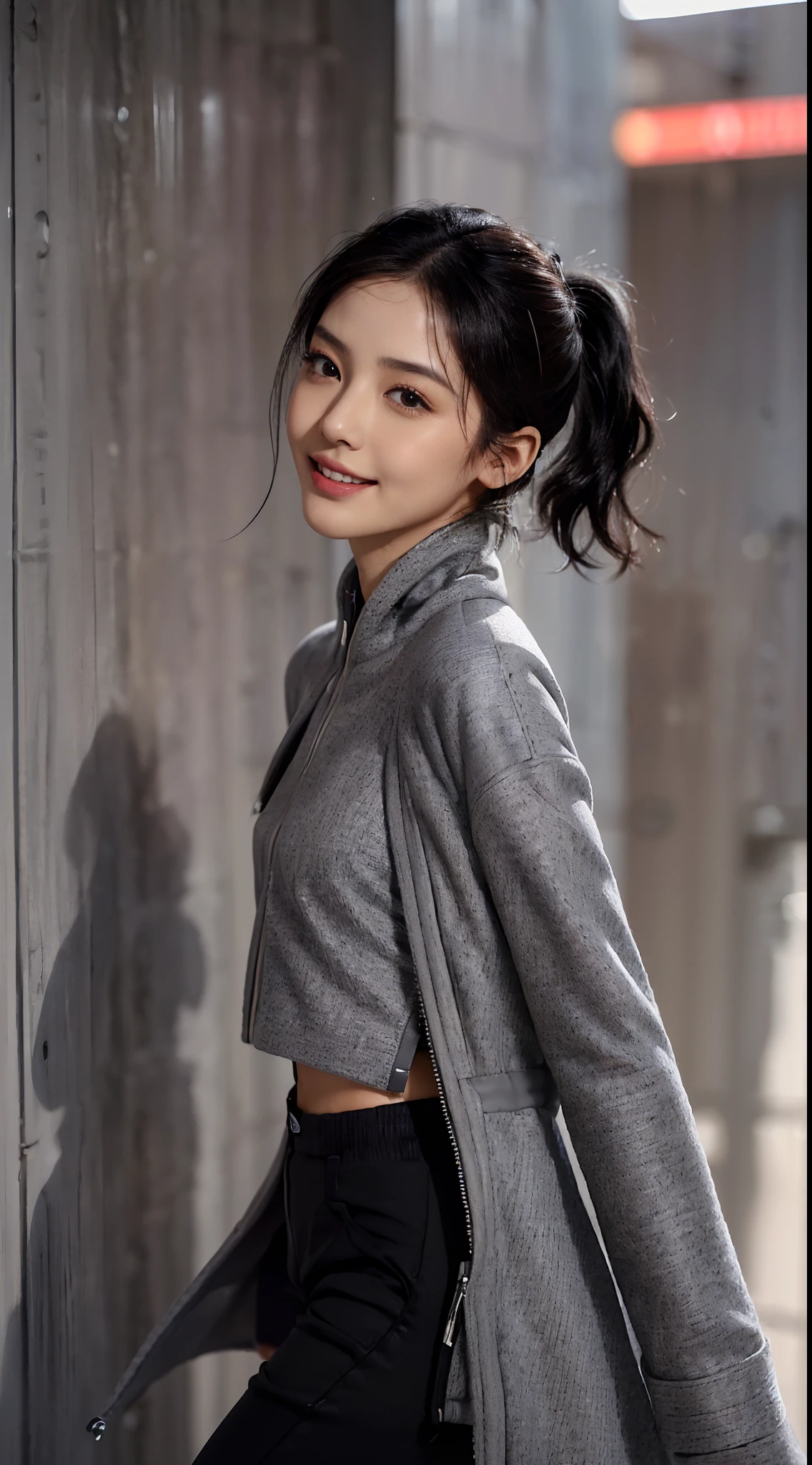 (Small underboob,small heads)), (perfect bodies: 1.1), (shoulder length straight short hair:1.1),(black hair:1.5),(short ponytail:1.3),(极其细致的CG 8k壁纸),(Extremely refined and beautiful),(masterpiece),(best qualtiy:1.0),(超高分辨率:1.9）,[A high resolution],a girl,cheerfulness,smile,(Smooth and flawless fair skin:1.5),(shiny skin:1.5),(Exquisite Makeup:1.3),ultra - detailed ，Elongated legs,(Small breasts:1.1),Flat chest,Slim,emaciated,(Grey woolen coat:1.5),(light gray high necked T-shirt with zipper:1.3),(black pants:1.4),autumn,in residential areas,high-rise residential buildings,in garden,on path,(running:1.5),(Hair flying:1.3),(open mouth:1.2) ,(female orgasmic:1.3), (blush:1.3),(sweat:1.6),(close shot:1.3),(cowboy shot:1.3),(Passport photo:1.5),morning,(day scene:1.5),bright sunshine,