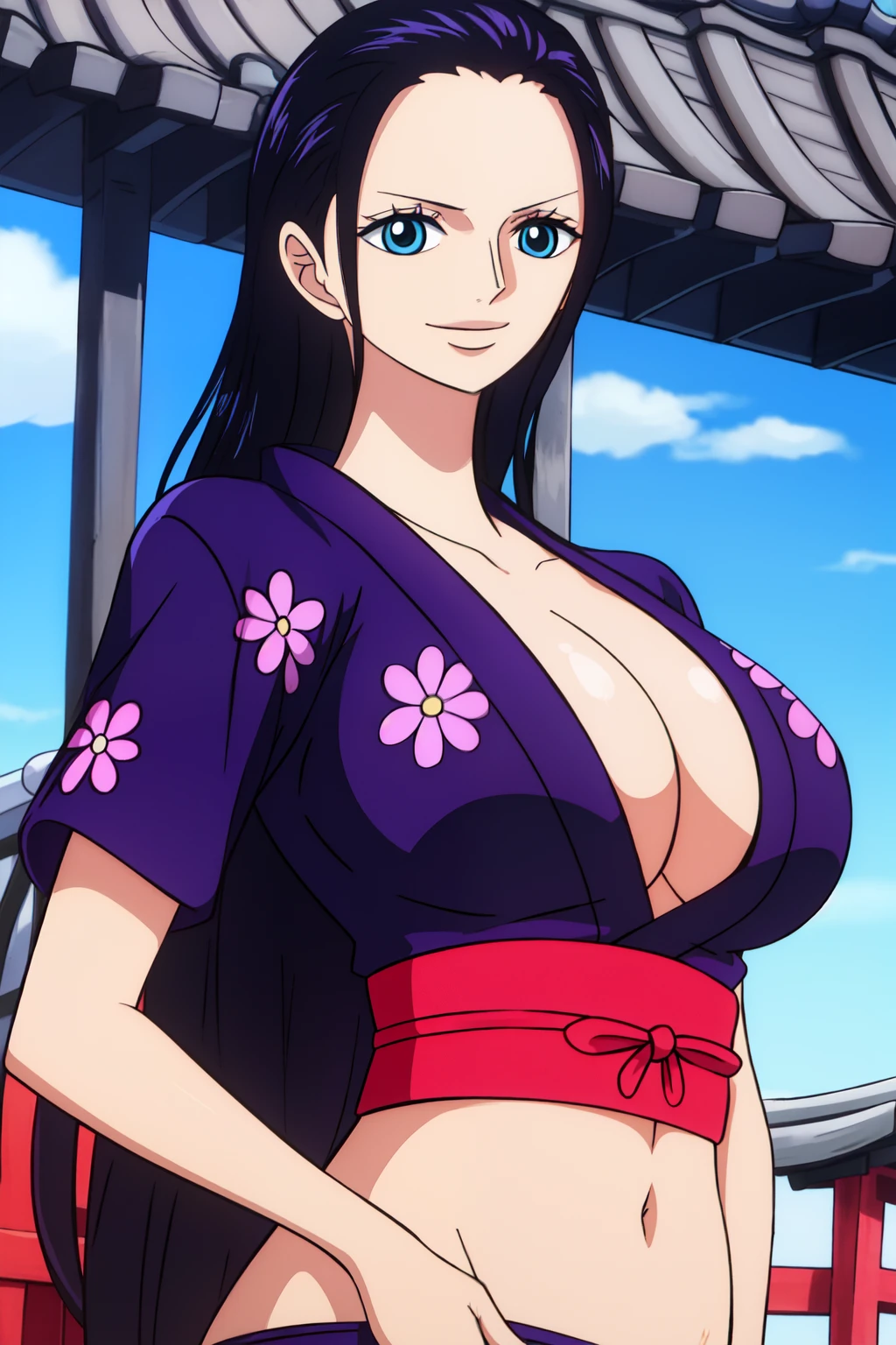 Nico Robin from one piece, black long hair, blue eyes, dark wide pupils, smiling, big breasts, large size boobs, wearing Kimono with a white and purple square pattern on it, standing in Japanese traditional house Minka 民家.