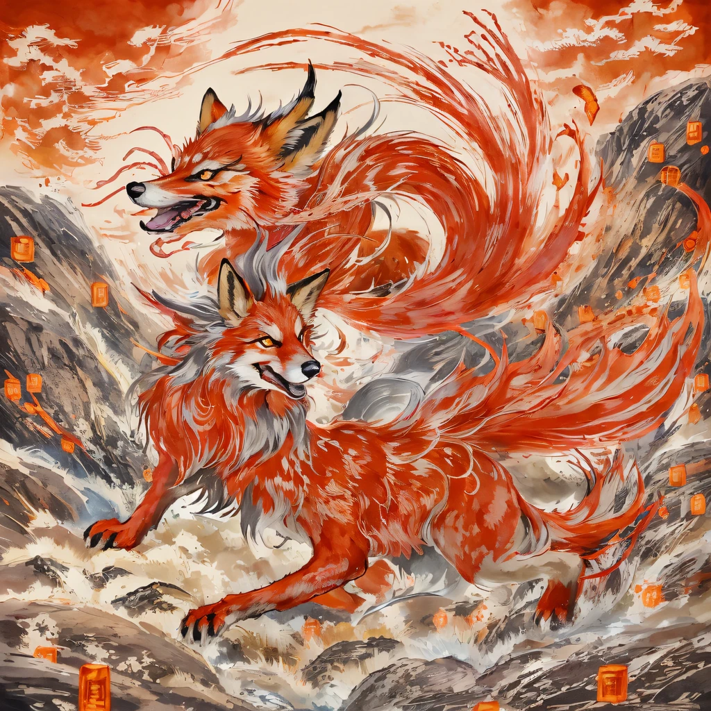 Nine-tailed fox 32K,Red and White Immortal Demon Realm, Chance encounter with Liu Hanshu, He saw in him his former self, It was decided to take him as an apprentice, Teach him how to protect himself, But because of the Tibetan star map, Phoenix and the Liu family、The Jade Sword Sect establishes relationships, It opens with the death of Liu Hanshu, Qin Yu embarked on the road of confrontation with a strong enemy, Working hard, Make yourself stronger, Stick to your own core path of justice, (nine tail fox)eyes filled with angry,The red and white nine-tailed fox clenched its fists,Rush up,Deliver a fatal blow to your opponent,full bodyesbian,Full body nine-tailed fox male mage 32K(Masterpiece Canyon Ultra HD)fenghuang(canyons)Climb the streets, The scene of the explosion(nine tail fox), (Dragons), The nine-tailed fox's angry fighting stance, looking at the ground, Batik linen bandana, Chinese red and white pattern long-sleeved garment, Canyon red and white nine-tailed fox(Abstract propylene splash:1.2)Red White(realisticlying:1.4),Black color hair,Flour fluttering,rainbow background, A high resolution, the detail, RAW photogr, Sharp Re, Nikon D850 Film Stock Photo by Jefferies Lee 4 Kodak Portra 400 Camera F1.6 shots, Rich colors, ultra-realistic vivid textures, Dramatic lighting, Unreal Engine Art Station Trend, cinestir 800,Red and white fluttering mist,(((Jungle Canyon)))The wounded lined up in the streets(vale)Climb the streets,Movie master real-time image quality(tmasterpiece,k hd,hyper HD,32K) (Linen batik scarf), Combat posture, looking at the ground, Linen bandana, Chinese nine-tailed fox pattern long-sleeved garment, Morning nine-tailed fox(Abstract gouache splash:1.2), Dark clouds lightning background,sprinkling