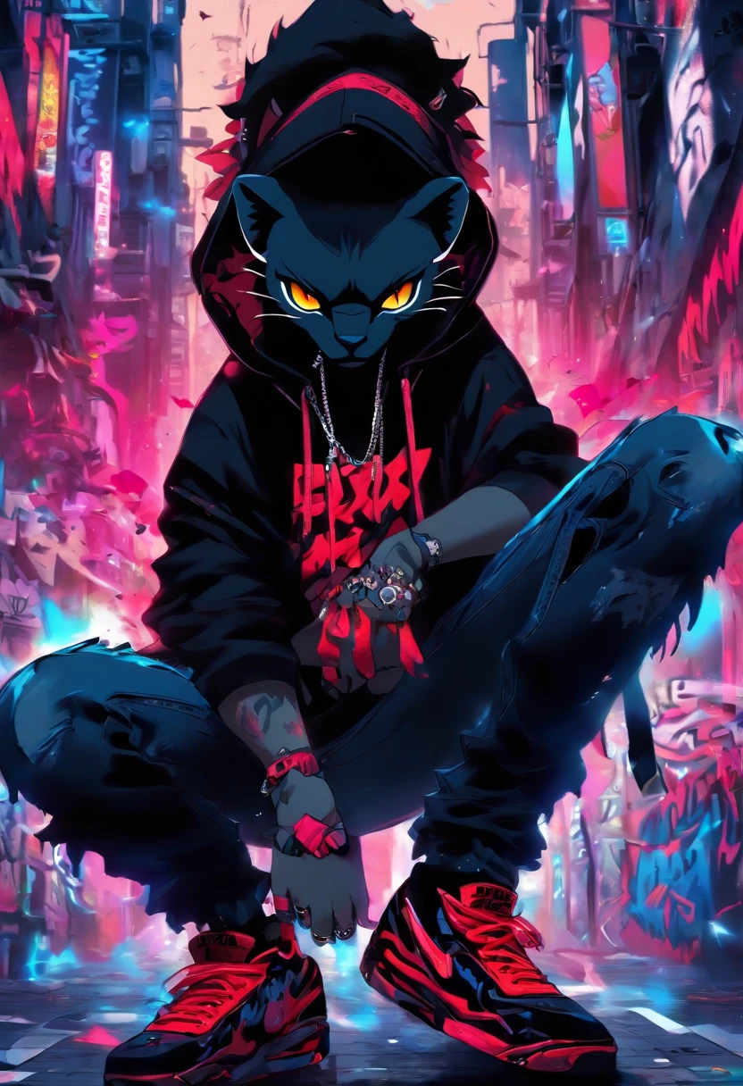A cool and trendy panther, platinum black hair, big red eyes, wearing trendy hip hop clothing, wearing a hoodie, graphic t-shirt and torn jeans, tons of tattoos and piercings, graffiti style background, highly detailed background, perfect masterpiece, high quality, high resolution, 16K