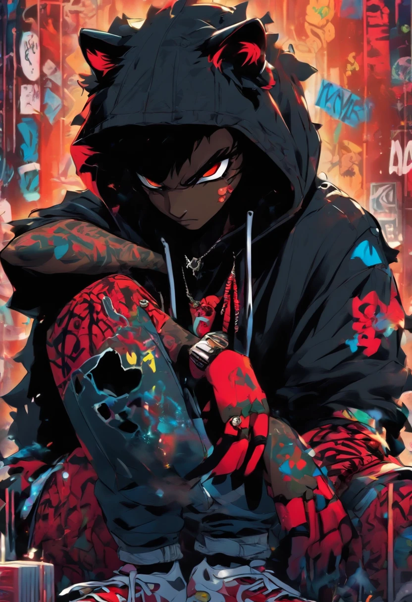 A cool and trendy panther, platinum black hair, big red eyes, wearing trendy hip hop clothing, wearing a hoodie, graphic t-shirt and torn jeans, tons of tattoos and piercings, graffiti style background, highly detailed background, perfect masterpiece, high quality, high resolution, 16K