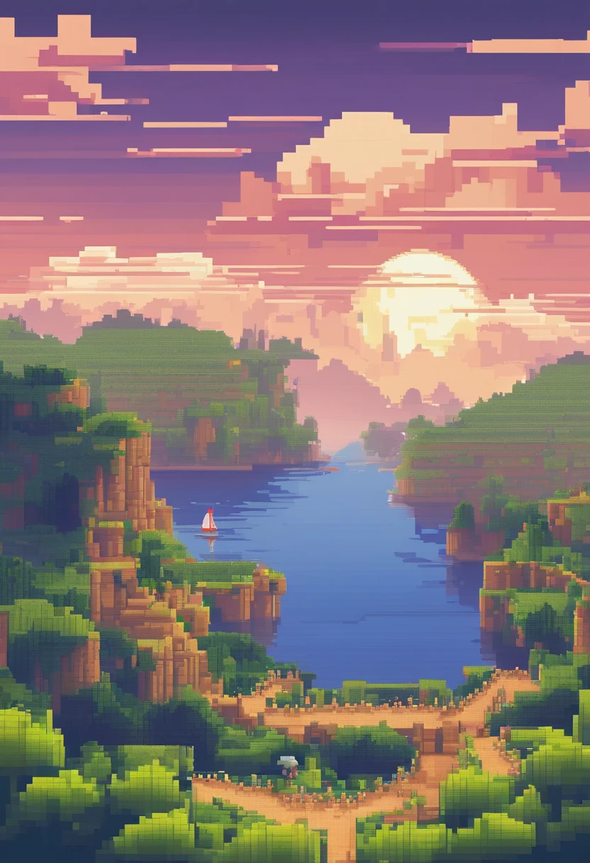 Pixel art tourism destination landscape. Evening. 3D pixel art 4K wallpaper. Incredible pixel art detail. Pixel art. Steam waves. Detailed Unreal Engine pixel art
