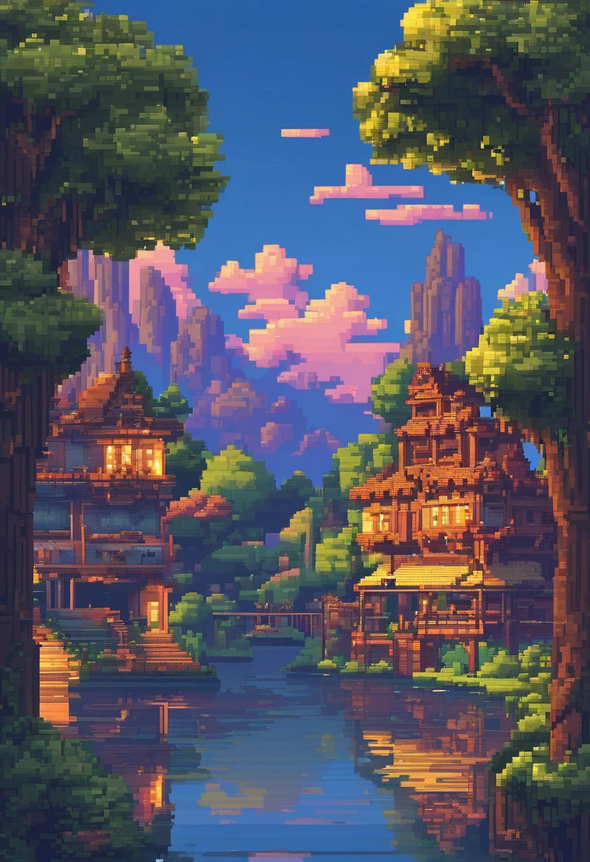 Pixel art tourism destination landscape. Evening. 3D pixel art 4K wallpaper. Incredible pixel art detail. Pixel art. Steam waves. Detailed Unreal Engine pixel art