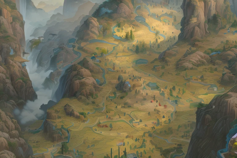 A map of a mountainous landscape with rivers and mountains, an ultrafine detailed painting, In the middle of the picture is a plain，There are some small houses above the plain，Surrounded by mountains，There are some fireworks and clouds in the sky。Traditional Chinese color scheme，yellow and greens