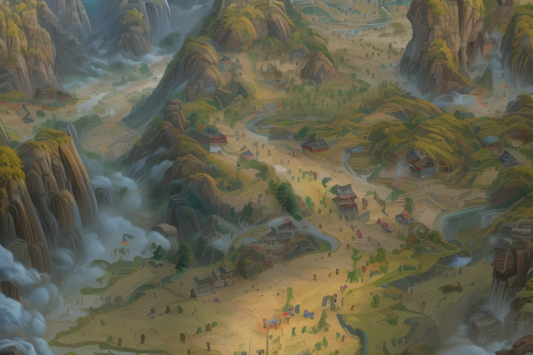 A map of a mountainous landscape with rivers and mountains, an ultrafine detailed painting, In the middle of the picture is a plain，There are some small houses above the plain，Surrounded by mountains，There are some fireworks and clouds in the sky。Traditional Chinese color scheme，yellow and greens