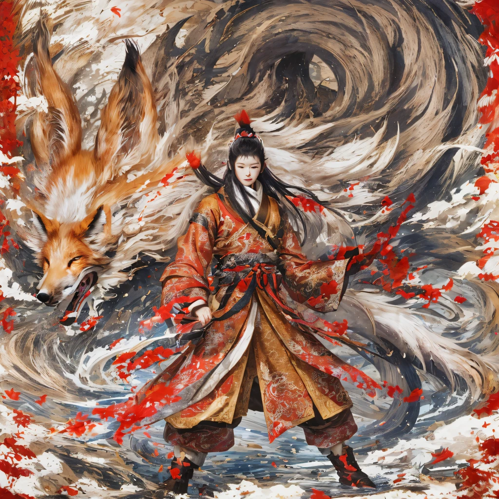 Nine-tailed fox 32K，Red and White Immortal Demon Realm, Chance encounter with Liu Hanshu, He saw in him his former self, It was decided to take him as an apprentice, Teach him how to protect himself, But because of the Tibetan star map, Phoenix and the Liu family、The Jade Sword Sect establishes relationships, It opens with the death of Liu Hanshu, Qin Yu embarked on the road of confrontation with a strong enemy, Working hard, Make yourself stronger, Stick to your own core path of justice, （nine tail fox）eyes filled with angry，The red and white nine-tailed fox clenched its fists，Rush up，Deliver a fatal blow to your opponent，full bodyesbian，Full body nine-tailed fox male mage 32K（Masterpiece Canyon Ultra HD）fenghuang（canyons）Climb the streets， The scene of the explosion（nine tail fox）， （Dragons）， The nine-tailed fox's angry fighting stance， looking at the ground， Batik linen bandana， Chinese red and white pattern long-sleeved garment， Canyon red and white nine-tailed fox（Abstract propylene splash：1.2）Red White（realisticlying：1.4），Black color hair，Flour fluttering，rainbow background， A high resolution， the detail， RAW photogr， Sharp Re， Nikon D850 Film Stock Photo by Jefferies Lee 4 Kodak Portra 400 Camera F1.6 shots, Rich colors, ultra-realistic vivid textures, Dramatic lighting, Unreal Engine Art Station Trend, cinestir 800，Red and white fluttering mist,（（（Jungle Canyon）））The wounded lined up in the streets（vale）Climb the streets，Movie master real-time image quality（tmasterpiece，k hd，hyper HD，32K） （Linen batik scarf）， Combat posture， looking at the ground， Linen bandana， Chinese nine-tailed fox pattern long-sleeved garment， Morning nine-tailed fox（Abstract gouache splash：1.2）， Dark clouds lightning background，sprinkling