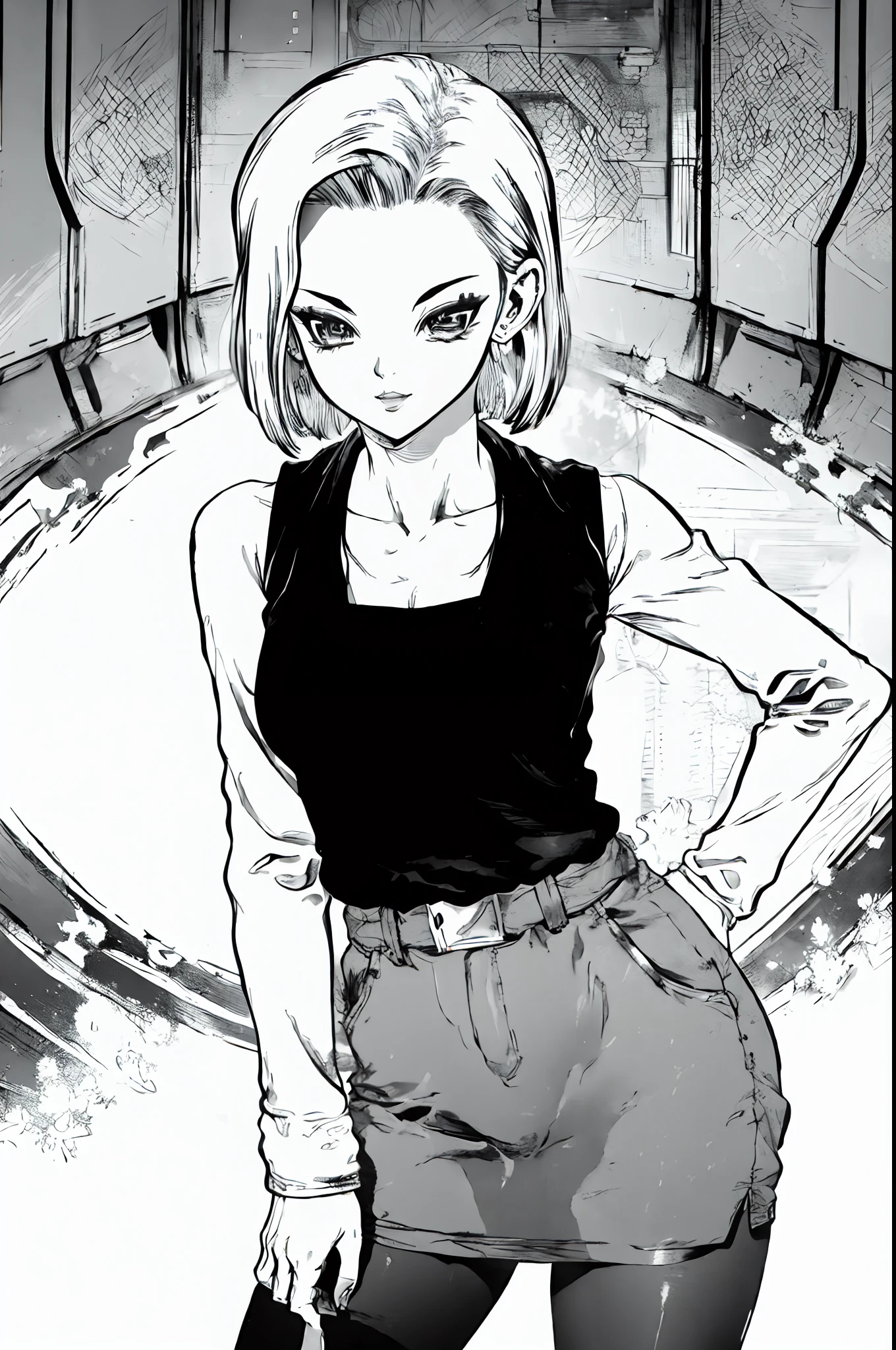 ((lineart, monochrome)),best quality,  and18, 1girl, android 18, ((greyscale, monochrome, in boichi manga style))