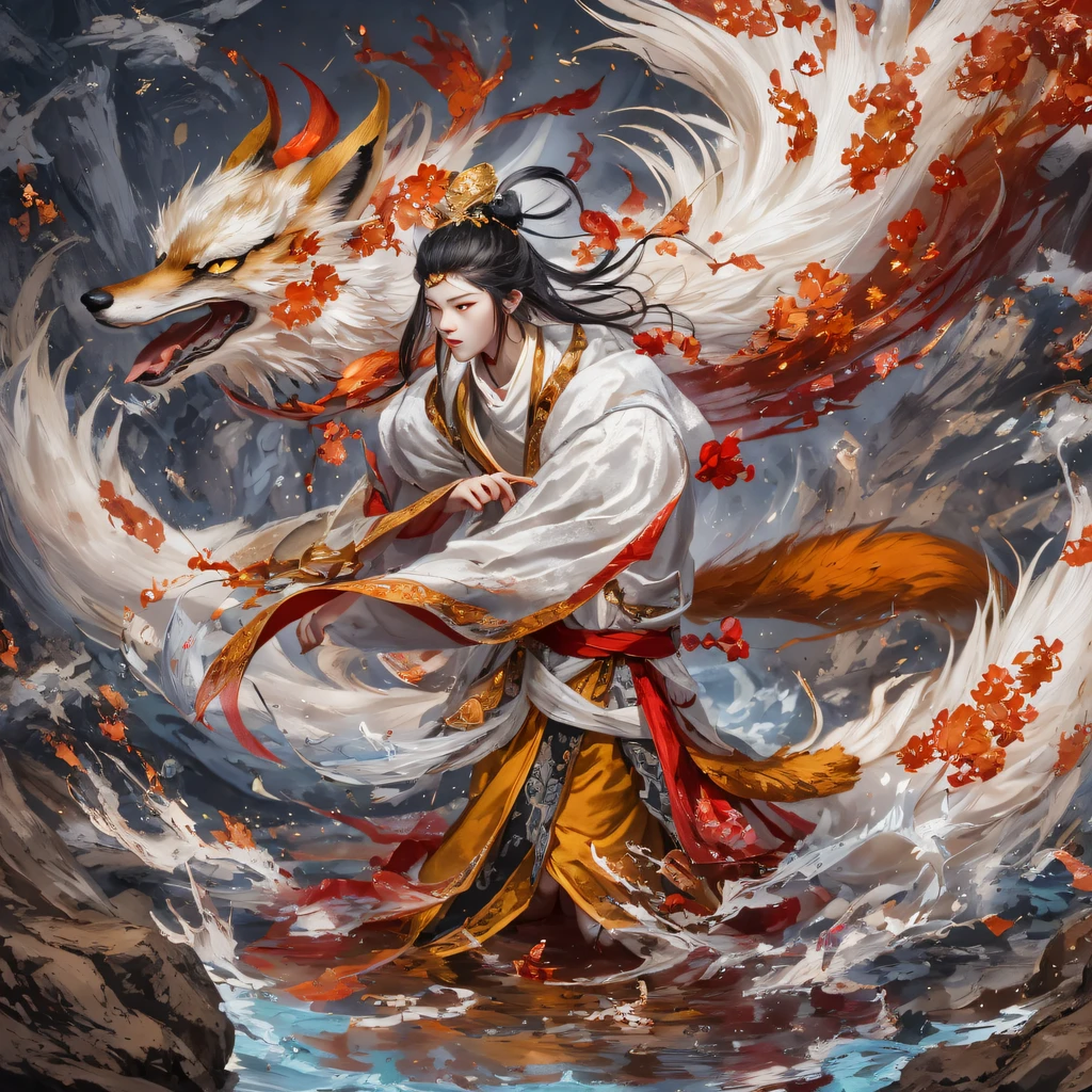 Nine-tailed fox 32K,Red and White Immortal Demon Realm, Chance encounter with Liu Hanshu, He saw in him his former self, It was decided to take him as an apprentice, Teach him how to protect himself, But because of the Tibetan star map, Phoenix and the Liu family、The Jade Sword Sect establishes relationships, It opens with the death of Liu Hanshu, Qin Yu embarked on the road of confrontation with a strong enemy, Working hard, Make yourself stronger, Stick to your own core path of justice, (nine tail fox)eyes filled with angry,The red and white nine-tailed fox clenched its fists,Rush up,Deliver a fatal blow to your opponent,full bodyesbian,Full body nine-tailed fox male mage 32K(Masterpiece Canyon Ultra HD)fenghuang(canyons)Climb the streets, The scene of the explosion(nine tail fox), (Dragons), The nine-tailed fox's angry fighting stance, looking at the ground, Batik linen bandana, Chinese red and white pattern long-sleeved garment, Canyon red and white nine-tailed fox(Abstract propylene splash:1.2)Red White(realisticlying:1.4),Black color hair,Flour fluttering,rainbow background, A high resolution, the detail, RAW photogr, Sharp Re, Nikon D850 Film Stock Photo by Jefferies Lee 4 Kodak Portra 400 Camera F1.6 shots, Rich colors, ultra-realistic vivid textures, Dramatic lighting, Unreal Engine Art Station Trend, cinestir 800,Red and white fluttering mist,(((Jungle Canyon)))The wounded lined up in the streets(vale)Climb the streets,Movie master real-time image quality(tmasterpiece,k hd,hyper HD,32K) (Linen batik scarf), Combat posture, looking at the ground, Linen bandana, Chinese nine-tailed fox pattern long-sleeved garment, Morning nine-tailed fox(Abstract gouache splash:1.2), Dark clouds lightning background,sprinkling
