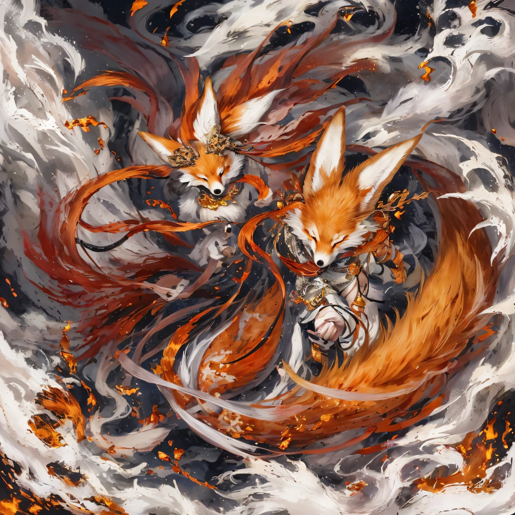 Nine-tailed fox 32K,Red and White Immortal Demon Realm, Chance encounter with Liu Hanshu, He saw in him his former self, It was decided to take him as an apprentice, Teach him how to protect himself, But because of the Tibetan star map, Phoenix and the Liu family、The Jade Sword Sect establishes relationships, It opens with the death of Liu Hanshu, Qin Yu embarked on the road of confrontation with a strong enemy, Working hard, Make yourself stronger, Stick to your own core path of justice, (nine tail fox)eyes filled with angry,The red and white nine-tailed fox clenched its fists,Rush up,Deliver a fatal blow to your opponent,full bodyesbian,Full body nine-tailed fox male mage 32K(Masterpiece Canyon Ultra HD)fenghuang(canyons)Climb the streets, The scene of the explosion(nine tail fox), (Dragons), The nine-tailed fox's angry fighting stance, looking at the ground, Batik linen bandana, Chinese red and white pattern long-sleeved garment, Canyon red and white nine-tailed fox(Abstract propylene splash:1.2)Red White(realisticlying:1.4),Black color hair,Flour fluttering,rainbow background, A high resolution, the detail, RAW photogr, Sharp Re, Nikon D850 Film Stock Photo by Jefferies Lee 4 Kodak Portra 400 Camera F1.6 shots, Rich colors, ultra-realistic vivid textures, Dramatic lighting, Unreal Engine Art Station Trend, cinestir 800,Red and white fluttering mist,(((Jungle Canyon)))The wounded lined up in the streets(vale)Climb the streets,Movie master real-time image quality(tmasterpiece,k hd,hyper HD,32K) (Linen batik scarf), Combat posture, looking at the ground, Linen bandana, Chinese nine-tailed fox pattern long-sleeved garment, Morning nine-tailed fox(Abstract gouache splash:1.2), Dark clouds lightning background,sprinkling