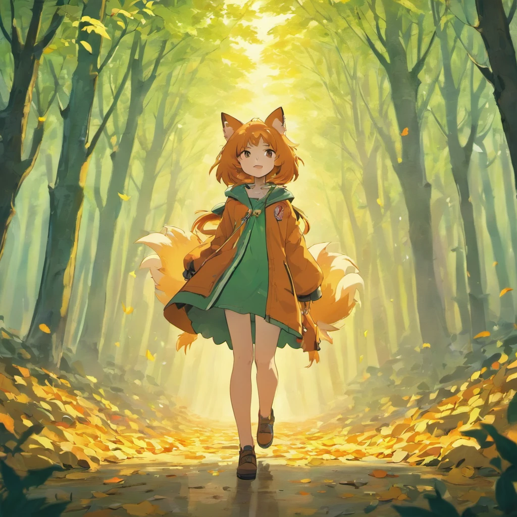 (Best Quality,4K,8K,hight resolution,masutepiece:1.2),Ultra-detailed, a lot of fallen leaves,Colorful autumn scene,Lonely Fox,cute fox,autumn forest,Cloaked fox made of maple leaves,Hide fox,Tree roots,rainy day,serene ambiance,maple trees,Colored leaves,Beautiful colored fox,dark green and orange leaves,,a smile,Tasty-looking nuts,peaceful environment,Natural lighting,Soft raindrops,Leaves in the ground,Gentle fog,The tree々The sun flickers between,Majestic tree trunk,innocence,Cute atmosphere