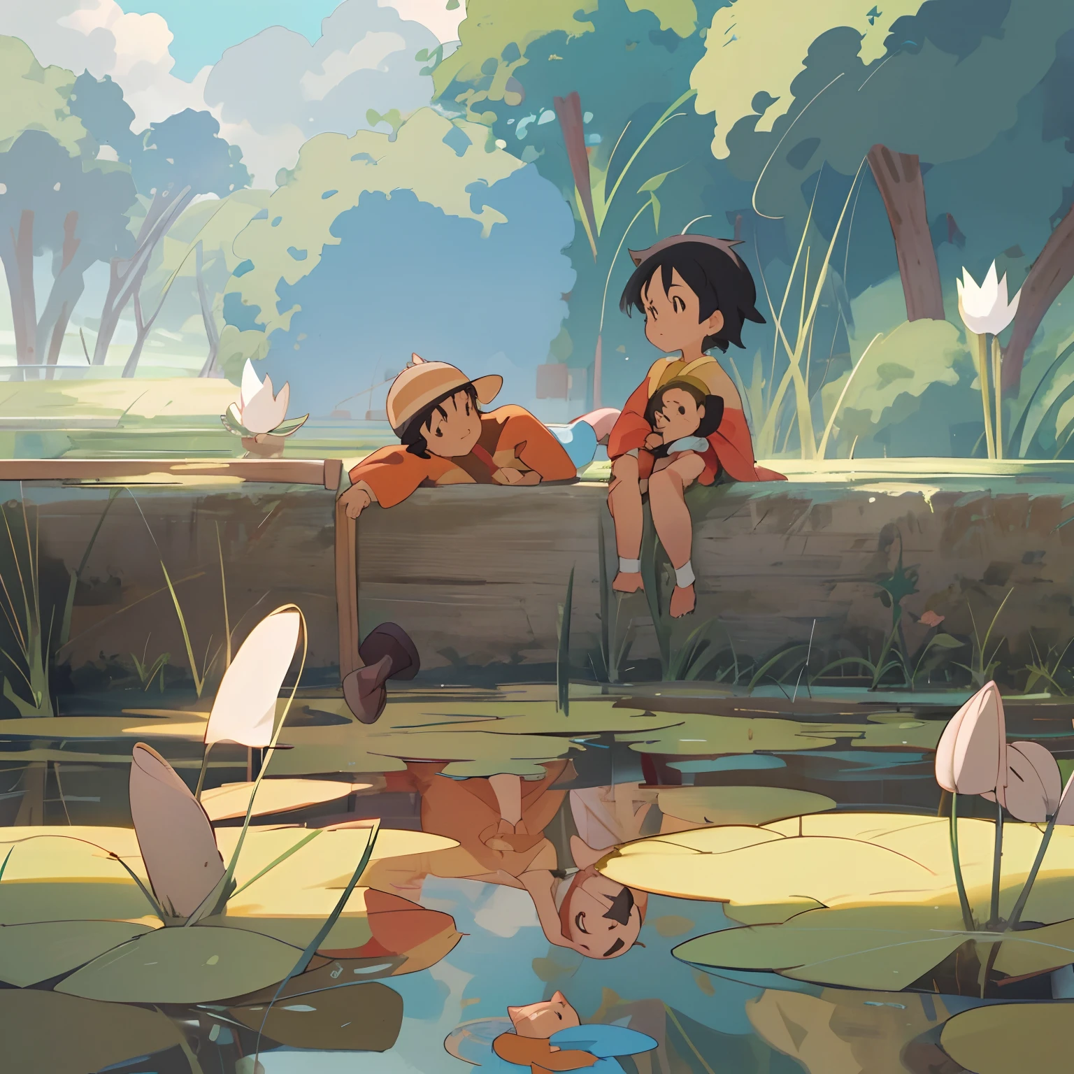 Warm summer,There is a pond at the bottom of the picture,Above is a clear sky, In the middle are rice fields and grass,There are children sitting on the dirt slope in the middle, calm afternoon, studio ghibli artstyle,anime illustrated,tmasterpiece。