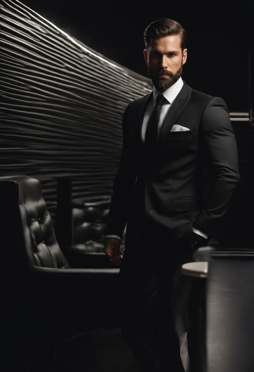 Up、Make a handsome man in his 30s toyally naked showing his penis, vd, brown hair and beard, (Man in black suit and tie), ), (Use a beard,) Attractive and serious look, short dark hair, Stylish and elegant, Suit-fit shave and strong body, (hightquality, Realistic images), Dark black and light on image background, Film Style, ((top-quality, 8K, masterpiece), ultra hi definition photo, (beautiful faces detailed, detail skin texture, hyperdetailed body:1.1)