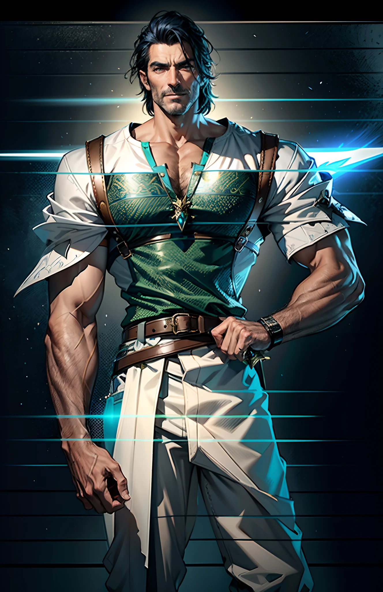 An elderly man with short dark blue hair, a fierce gaze, a wild toothy grin, a fantasy-style outfit of leather armor and a white shirt, a white chest armor with dark blue stripes on the edges, he holds a phantom dagger, dagger emitting a faintly green glow, a belt tied around his waist, cloth trousers, the background shows the vastness of the cosmic stars, this character embodies a finely crafted fantasy-style swordsman in anime style, characterized by an exquisite and mature manga illustration art style, high definition, best quality, highres, ultra-detailed, ultra-fine painting, extremely delicate, professional, anatomically correct, symmetrical face, extremely detailed eyes and face, high quality eyes, creativity, RAW photo, UHD, 8k, Natural light, cinematic lighting, masterpiece:1.5