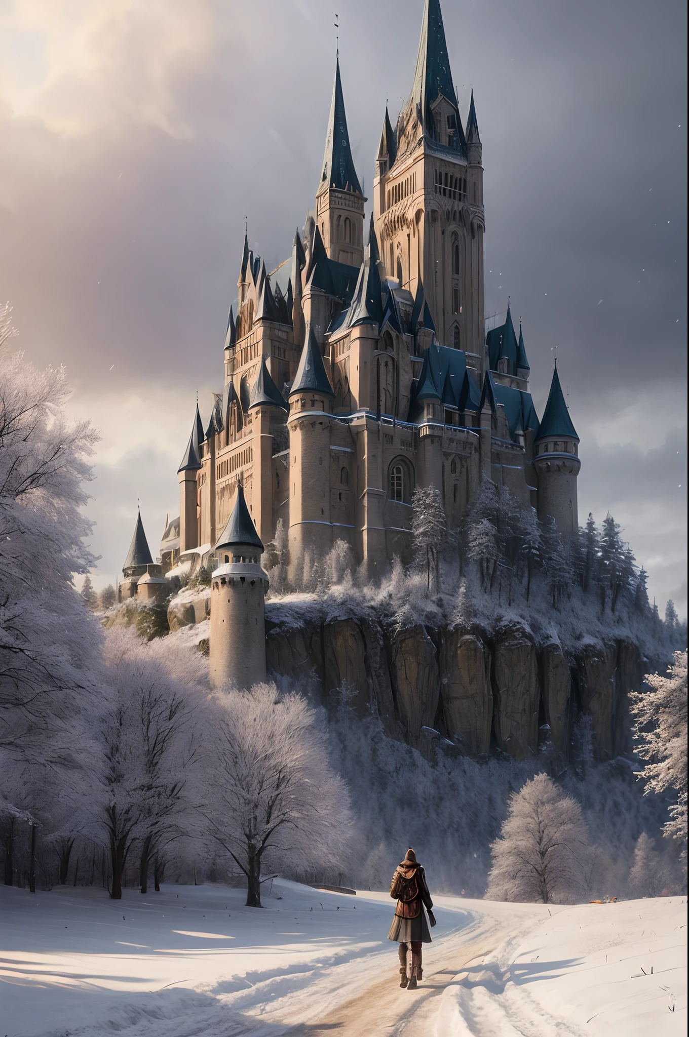(extremely detailed CG unity 8k wallpaper), full shot photo of the most beautiful artwork of a medieval castle, snow falling, nostalgia, grass hills, professional majestic oil painting by Ed Blinkey, Atey Ghailan, by Jeremy Mann, Greg Manchess, Antonio Moro, trending on ArtStation, trending on CGSociety, Intricate, High Detail, Sharp focus, dramatic, photorealistic painting art by midjourney and greg rutkowski