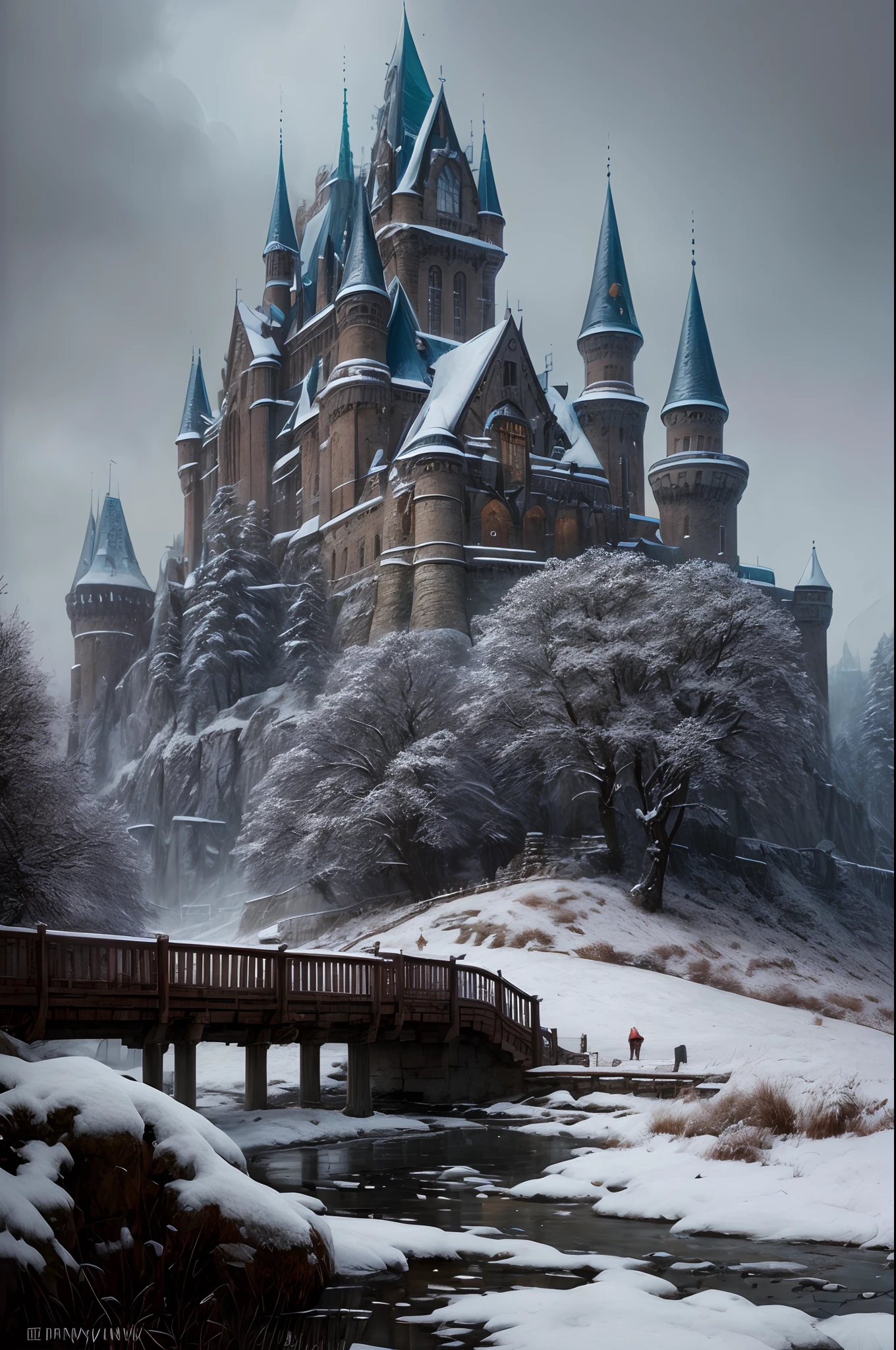 (extremely detailed CG unity 8k wallpaper), full shot photo of the most beautiful artwork of a medieval castle, snow falling, nostalgia, grass hills, professional majestic oil painting by Ed Blinkey, Atey Ghailan, by Jeremy Mann, Greg Manchess, Antonio Moro, trending on ArtStation, trending on CGSociety, Intricate, High Detail, Sharp focus, dramatic, photorealistic painting art by midjourney and greg rutkowski