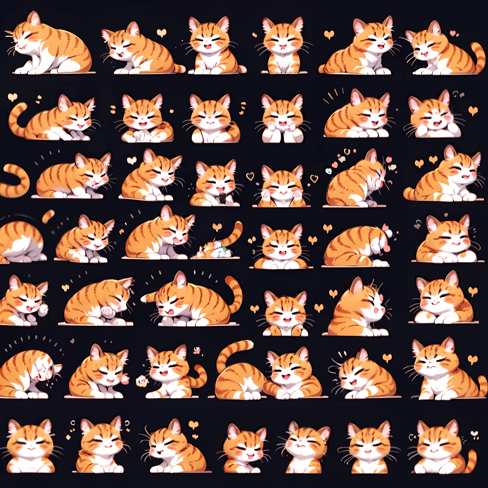 Yellow cat,Emoticon pack,(9 emojis,emoji sheet of,Align arrangement),9 poses and expressions(grieves,irate,having fun,Dumb cute,adolable,doubt,Sleepy,Hungry,CRIT),Anthropomorphic style,Disney style,a color,Different expressions,8K