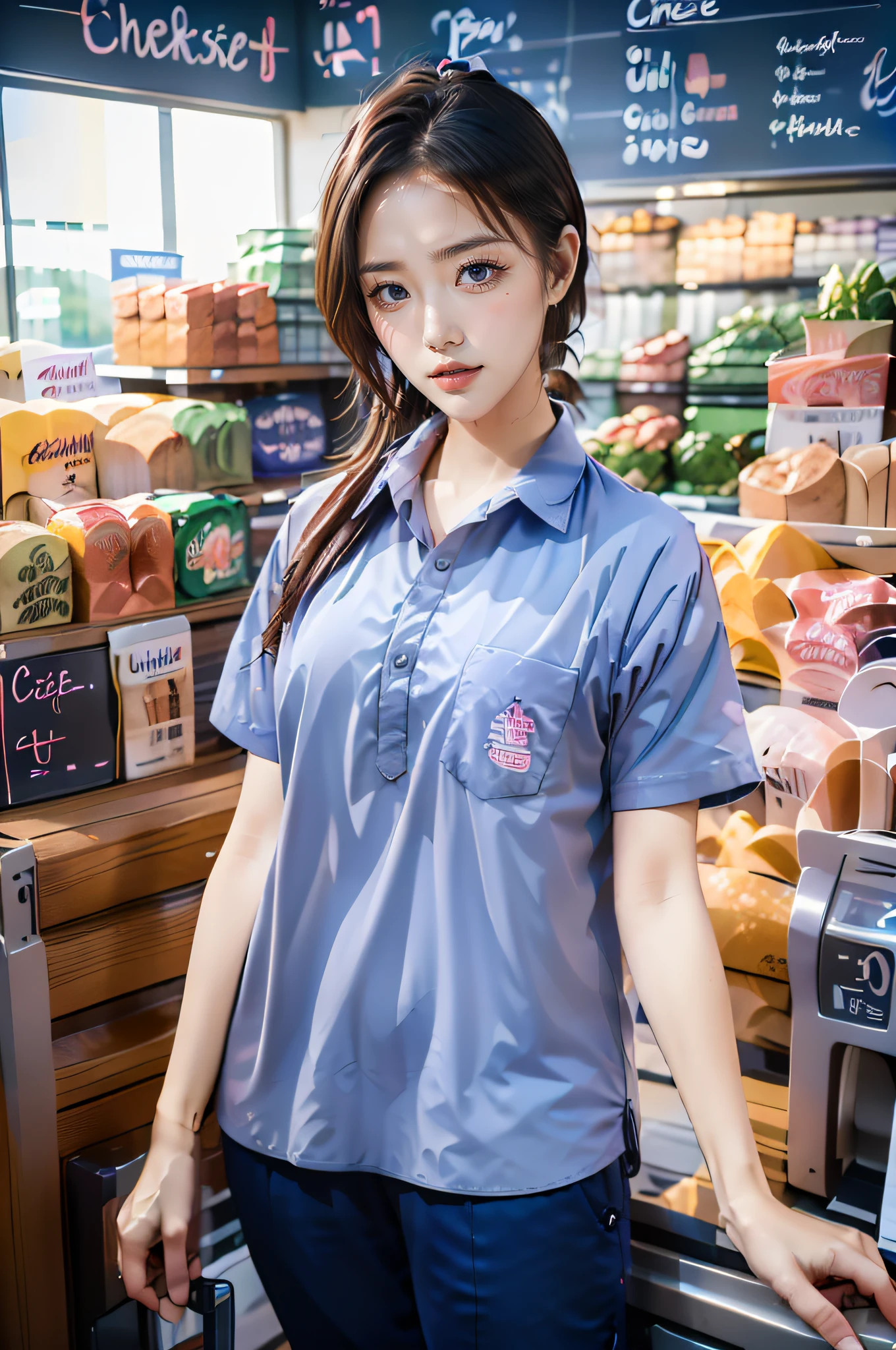 ((1 Cute girl pay checkout in supermarkets cashier:1.5)),(wide shot:1.3),field of view,looking at distance,
,18yo, ponytail, shiny skin, Perfect body, Correct body, ((Correct anatomy:1.37))
, full body, Realistic poses
, (((peformth,lightgrey shirt,untucked))),(darkblue longTrackPants:1.3)
, ((supermarkets Background:1.39))
, (bestquality,10,10,highres,masterpiece:1.2),ultra-detail,(Realistic,photorealistic portrait,photo-realistic:1.37),dynamic angle,face focus,cinematic light,8k resolution, RAW photo,