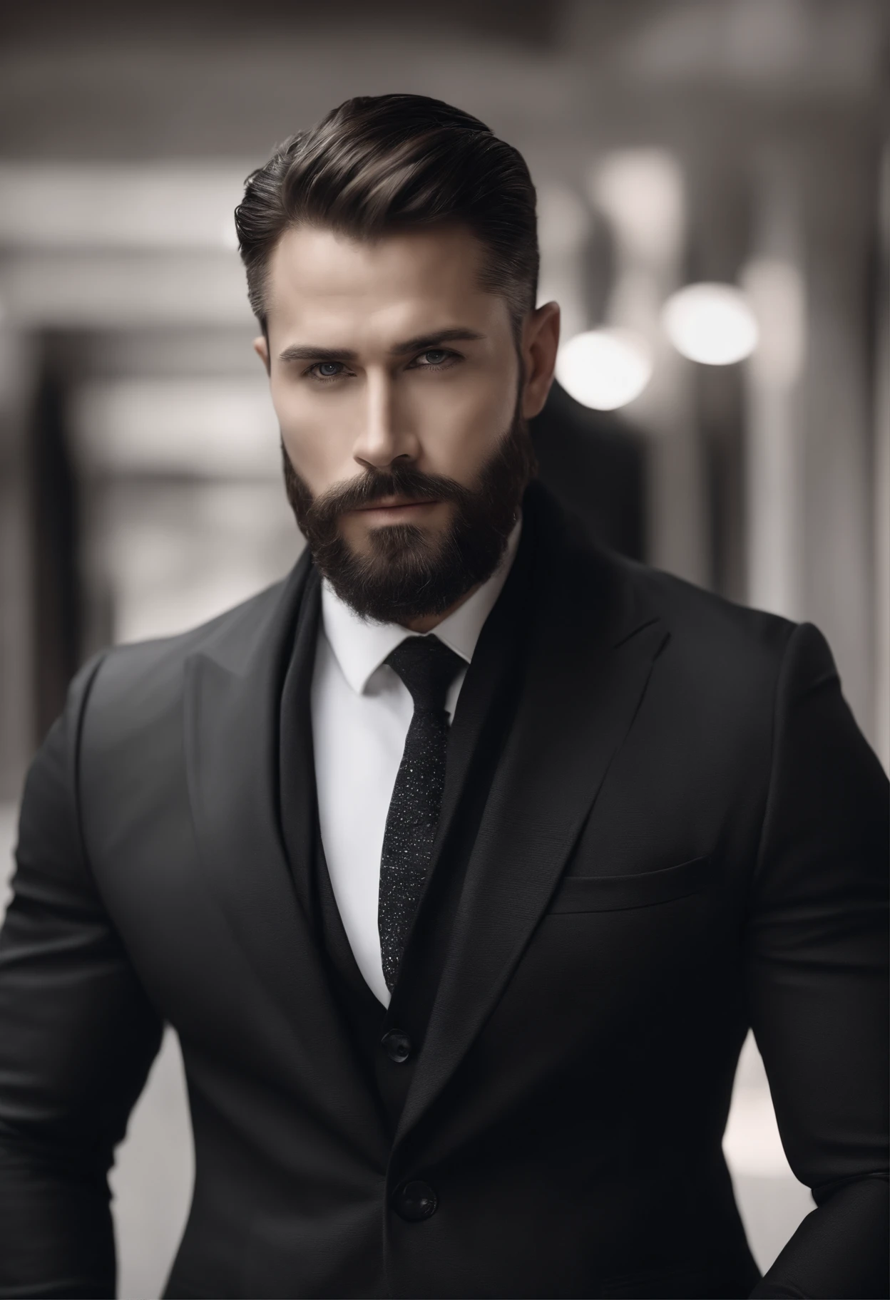 Up、Make a handsome man in his 30s toyally naked showing his penis, vd, brown hair and beard, (Man in black suit and tie), ), (Use a beard,) Attractive and serious look, short dark hair, Stylish and elegant, Suit-fit shave and strong body, (hightquality, Realistic images), Dark black and light on image background, Film Style, ((top-quality, 8K, masterpiece), ultra hi definition photo, (beautiful faces detailed, detail skin texture, hyperdetailed body:1.1)