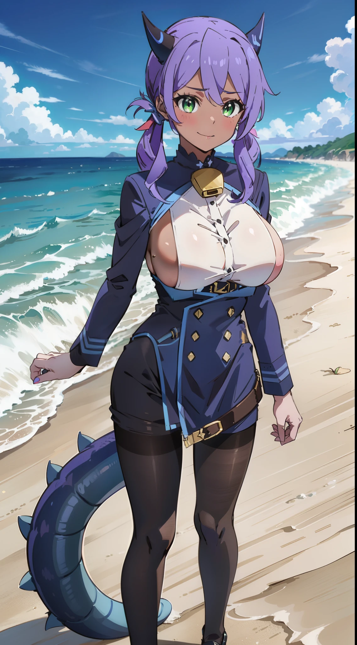 masterpiece, best quality, extremely detailed, 1girl, milf, solo, (dark brown skin:1.6), Flatorte, ((large breasts:1.7)), (((purple hair, long hair, twintails, green eyes, slit pupils, dragon horns))), parted lips, (((outfit-ak, blue jacket, long sleeves, neck bell, black pantyhose))), blush, naughty smile, (closed mouth), ((standing, beach))