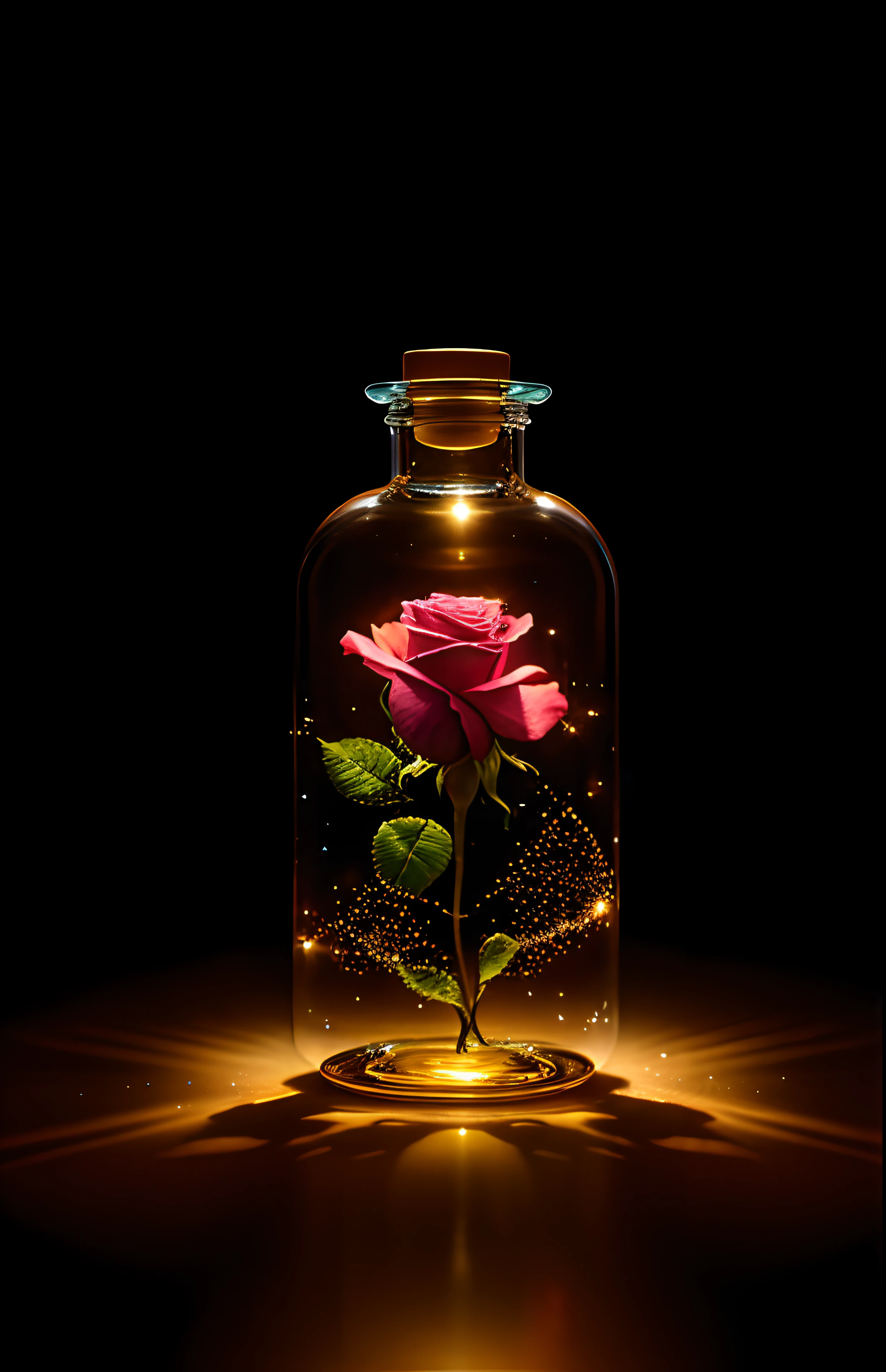 Rose flower in a bottle, fluffy, fireflies, realistic, atmospheric light refraction, by lee jeffries nikon d850 film stock photograph 4 kodak portra 400 camera f1.6 lens rich colors hyper realistic lifelike texture dramatic lighting unreal engine trending on artstation cinestill 800, Style-Glass