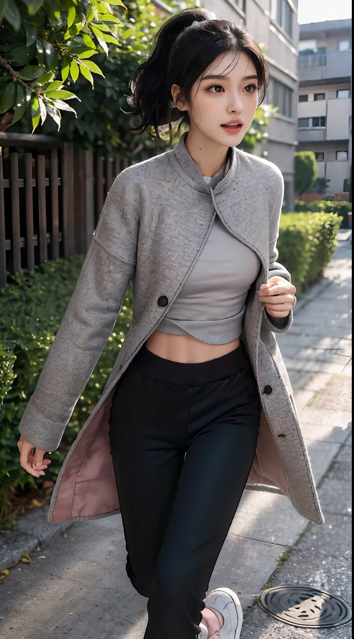 (Small underboob,small heads)), (perfect bodies: 1.1), (shoulder length straight short hair:1.1),(black hair:1.5),(short ponytail:1.3),(极其细致的CG 8k壁纸),(Extremely refined and beautiful),(masterpiece),(best qualtiy:1.0),(超高分辨率:1.9）,[A high resolution],a girl,cheerfulness,smile,(Smooth and flawless fair skin:1.5),(shiny skin:1.5),(Exquisite Makeup:1.3),ultra - detailed ，Elongated legs,(Small breasts:1.1),Flat chest,Slim,emaciated,(Grey woolen coat:1.5),(light gray high necked T-shirt:1.3),(black pants:1.4),(white sneakers:1.3),autumn,in residential areas,high-rise residential buildings,in garden,on path,(running:1.5),(Hair flying:1.3),(open mouth:1.2) ,(female orgasmic:1.3), (blush:1.3),(sweat:1.6),(day scene:1.5),bright sunshine,