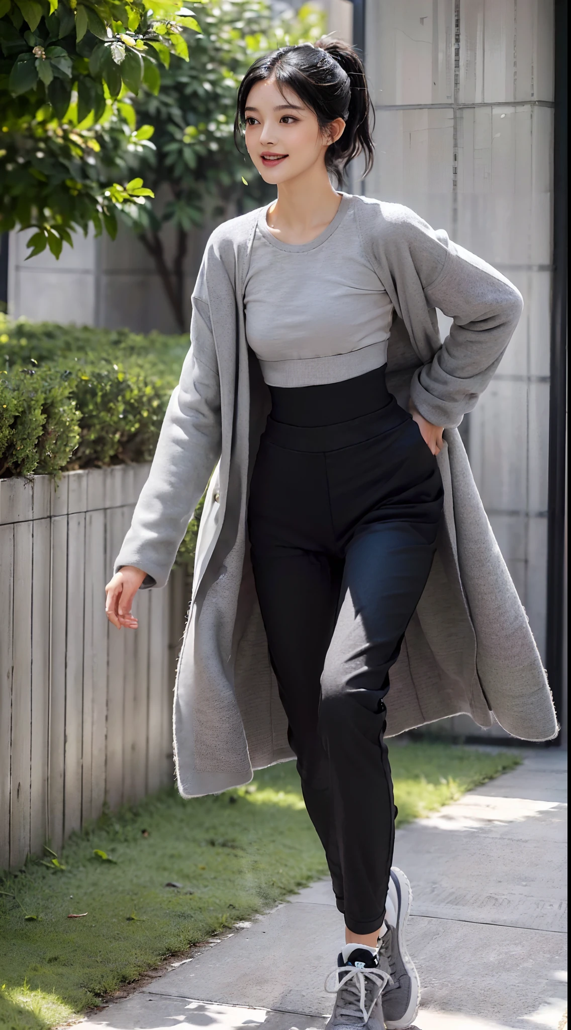 (Small underboob,small heads)), (perfect bodies: 1.1), (shoulder length straight short hair:1.1),(black hair:1.5),(short ponytail:1.3),(极其细致的CG 8k壁纸),(Extremely refined and beautiful),(masterpiece),(best qualtiy:1.0),(超高分辨率:1.9）,[A high resolution],a girl,cheerfulness,smile,(Smooth and flawless fair skin:1.5),(shiny skin:1.5),(Exquisite Makeup:1.3),ultra - detailed ，Elongated legs,(Small breasts:1.1),Flat chest,Slim,emaciated,(Grey woolen coat:1.5),(light gray high necked T-shirt:1.3),(black pants:1.4),(white sneakers:1.3),autumn,in residential areas,high-rise residential buildings,in garden,on path,(running:1.5),(Hair flying:1.3),(open mouth:1.2) ,(female orgasmic:1.3), (blush:1.3),(sweat:1.6),(day scene:1.5),bright sunshine,