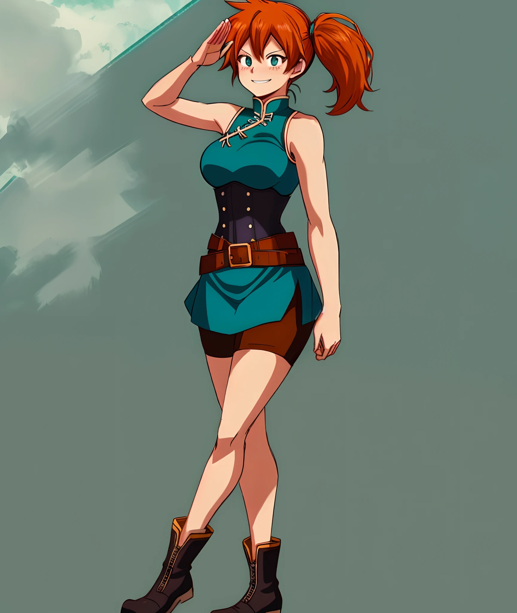 [kendou itsuka], [Boku no hero academia], ((masterpiece)), ((HD)), ((high quality)), ((solo portrait)), ((front view)), ((full body)), ((cute)), ((anime)), ((Kohei Horikoshi artstyle)), ((detailed shading)), ((cel shading)), ((intricate details)), {(athletic woman), (cute dark-teal eyes), orange hair, (side ponytail), short eyelashes, medium boobs, (gorgeous hips), (beautiful legs), (blushing), (cute smile), (white teeth)}, {(turquoise qipao), (sleeveless), (black corset), (brown waist belt), (brown leg strap), (black boots)}, {(standing), (salute), (looking ahead)}, [Background; (grass plains), (blue sky), (sun rays)]