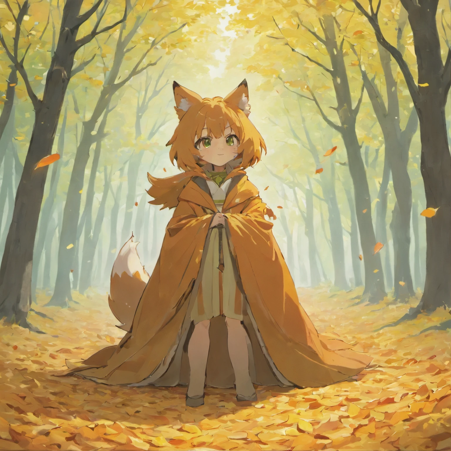 (Best Quality,4K,8K,hight resolution,masutepiece:1.2),Ultra-detailed, a lot of fallen leaves,Colorful autumn scene,Lonely Fox,cute fox,autumn forest,Cloaked fox made of maple leaves,Hide fox,Tree roots,rainy day,serene ambiance,maple trees,Colored leaves,Beautiful colored fox,dark green and orange leaves,,a smile,Tasty-looking nuts,peaceful environment,Natural lighting,Soft raindrops,Leaves in the ground,Gentle fog,The tree々The sun flickers between,Majestic tree trunk,innocence,Cute atmosphere