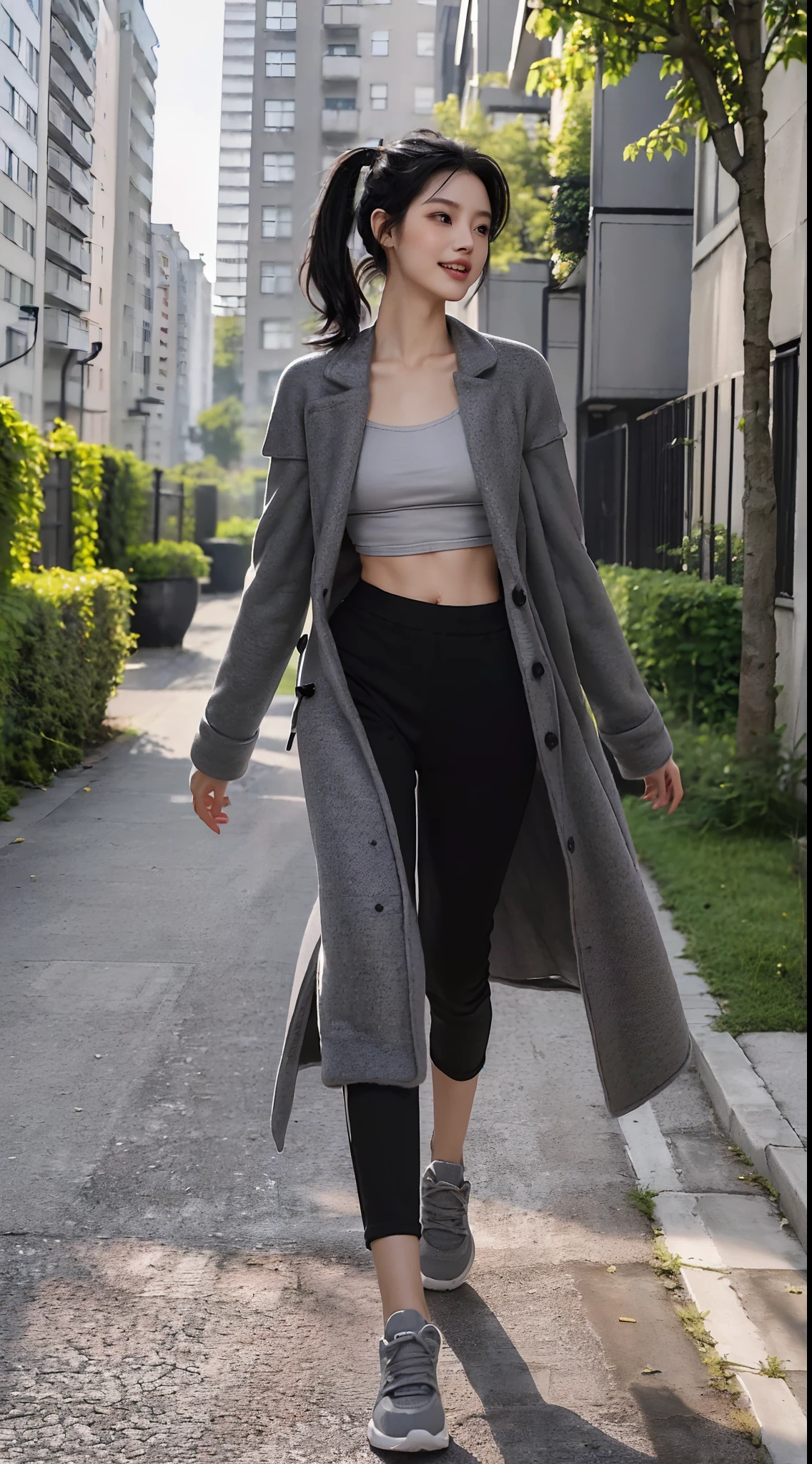 (Small underboob,small heads)), (perfect bodies: 1.1), (shoulder length straight short hair:1.1),(black hair:1.5),(short ponytail:1.3),(极其细致的CG 8k壁纸),(Extremely refined and beautiful),(masterpiece),(best qualtiy:1.0),(超高分辨率:1.9）,[A high resolution],a girl,cheerfulness,smile,(Smooth and flawless fair skin:1.5),(shiny skin:1.5),(Exquisite Makeup:1.3),ultra - detailed ，Elongated legs,(Small breasts:1.1),Flat chest,Slim,emaciated,(Grey woolen coat:1.5),(light gray high necked T-shirt:1.3),(black pants:1.4),(white sneakers:1.3),late autumn,in residential areas,high-rise residential buildings,in garden,on path,(running:1.5),(Hair flying:1.3),(open mouth:1.2) ,(female orgasmic:1.3), (blush:1.3),(sweat:1.6),(day scene:1.5),bright sunshine,