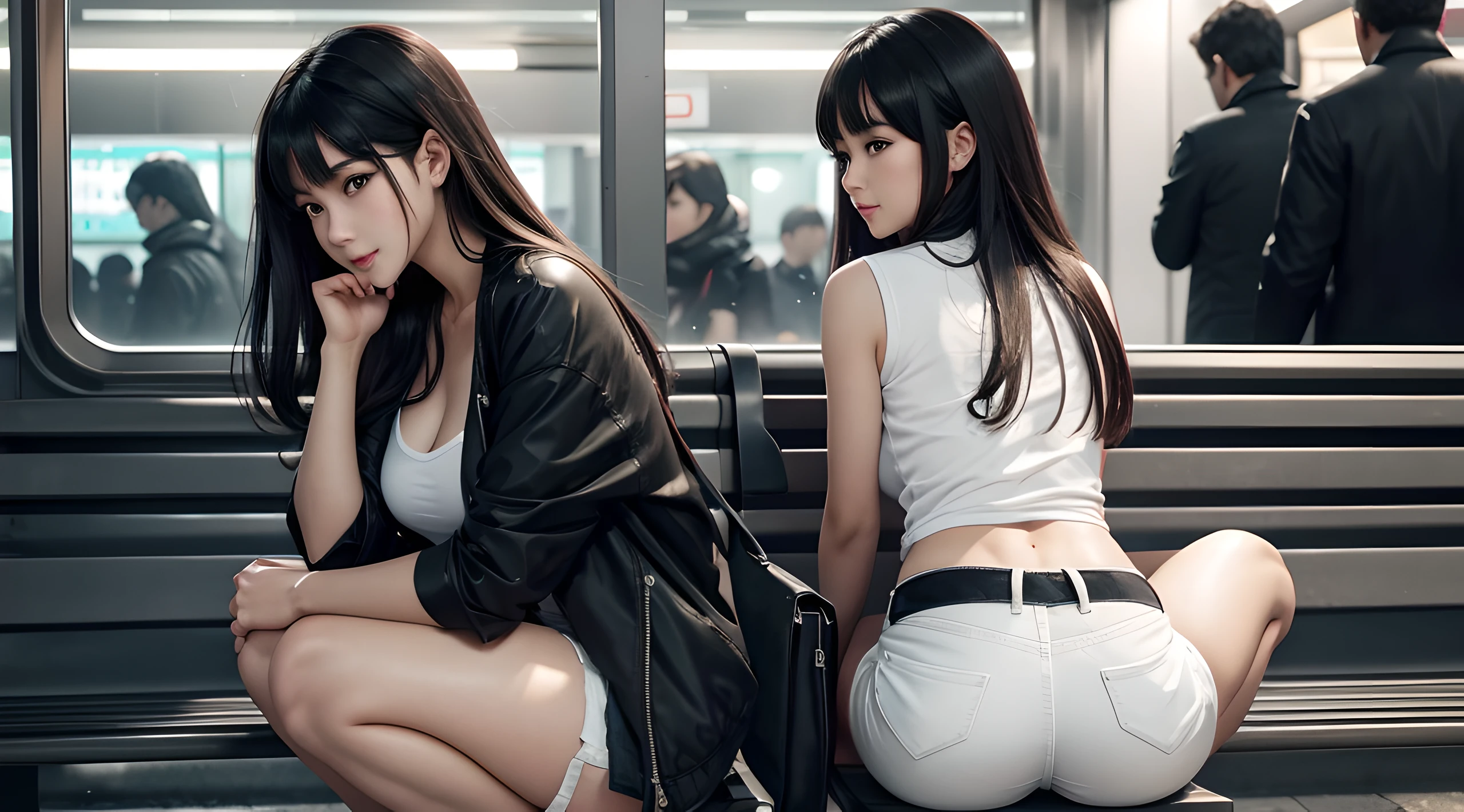 Alaf squatting in white shirt and white shorts, sexy girl wearing shorts, Short shorts, uhd candid photo of dirty, very short pants, Exposed thighs!!!, toned derriere, In shorts, Bending over, somewhat bent over, seen from back、, Seen from behind, Shot from behind, Exposed thighs, White miniskirt, Beautiful girl in black jacket, checking her phone, pantyhose, High boots, Shorts, Sitting on a bench in a subway station, artificial lights, The presence of pigeons on the bench, Cinematic, Draw, Perfect, from left, profile, masutepiece, Best Quality, in the style of (samdoesarts), (Hyper-realistic) , (illustratio), (Increase the resolution), (8K), (ighly detailed), (Most Best Illustration), (beautiful and delicate eyes), (best qualtiy), (ultra - detailed), (tmasterpiece), ( wall-paper), (详细的脸), full body Esbian,1个Giant Breast Girl, Grabbing the chest with one hand，Smile，looking at viewert, exquisite detailing, 详细的脸, cropped shoulders，in the darkness nigth, Deep shading, low tune,pureerosfaceace_v1, ssmile,Long whit hair，Black shawl straight hair，46 point slanted bangs
