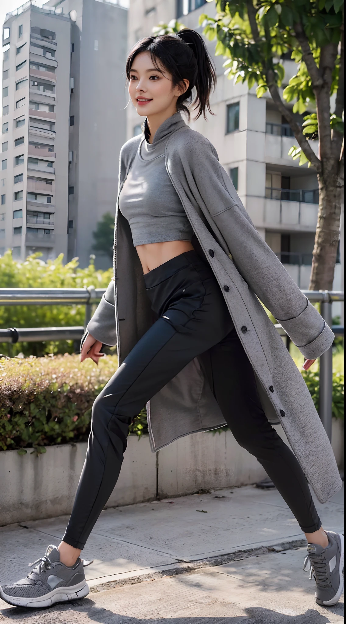 (Small underboob,small heads)), (perfect bodies: 1.1), (shoulder length straight short hair:1.1),(black hair:1.5),(short ponytail:1.3),(极其细致的CG 8k壁纸),(Extremely refined and beautiful),(masterpiece),(best qualtiy:1.0),(超高分辨率:1.9）,[A high resolution],a girl,cheerfulness,smile,(Smooth and flawless fair skin:1.5),(shiny skin:1.5),(Exquisite Makeup:1.3),ultra - detailed ，Elongated legs,(Small breasts:1.1),Flat chest,Slim,emaciated,(Grey woolen coat:1.5),(light gray high necked T-shirt:1.3),(black pants:1.4),(white sneakers:1.3),late autumn,in residential areas,high-rise residential buildings,in garden,on path,(running:1.5),(Hair flying:1.3),(open mouth:1.2) ,(female orgasmic:1.3), (blush:1.3),(sweat:1.6),(day scene:1.5),bright sunshine,