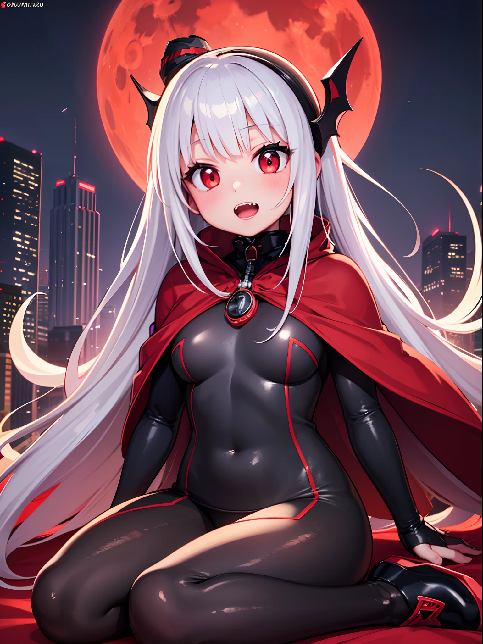 (best quality), (masterpiece), (photorealistic), (realistic), hyper detailed, unity 8k wallpaper, highly detailed cg, ray tracking, sharp shadows, great detail, depth of field, super detailed background, Cyberpunk vampire girl, with bright red eyes and pointy fangs. Screaming, enamel bodysuit, cape, pinwheel boots, (sitting on top of skyscraper, she looks up at red moon with an ecstatic expression). :1.6, Future City, atop the city's tallest skyscraper, red moon, side shot, wide shot, spire, simulacrum,