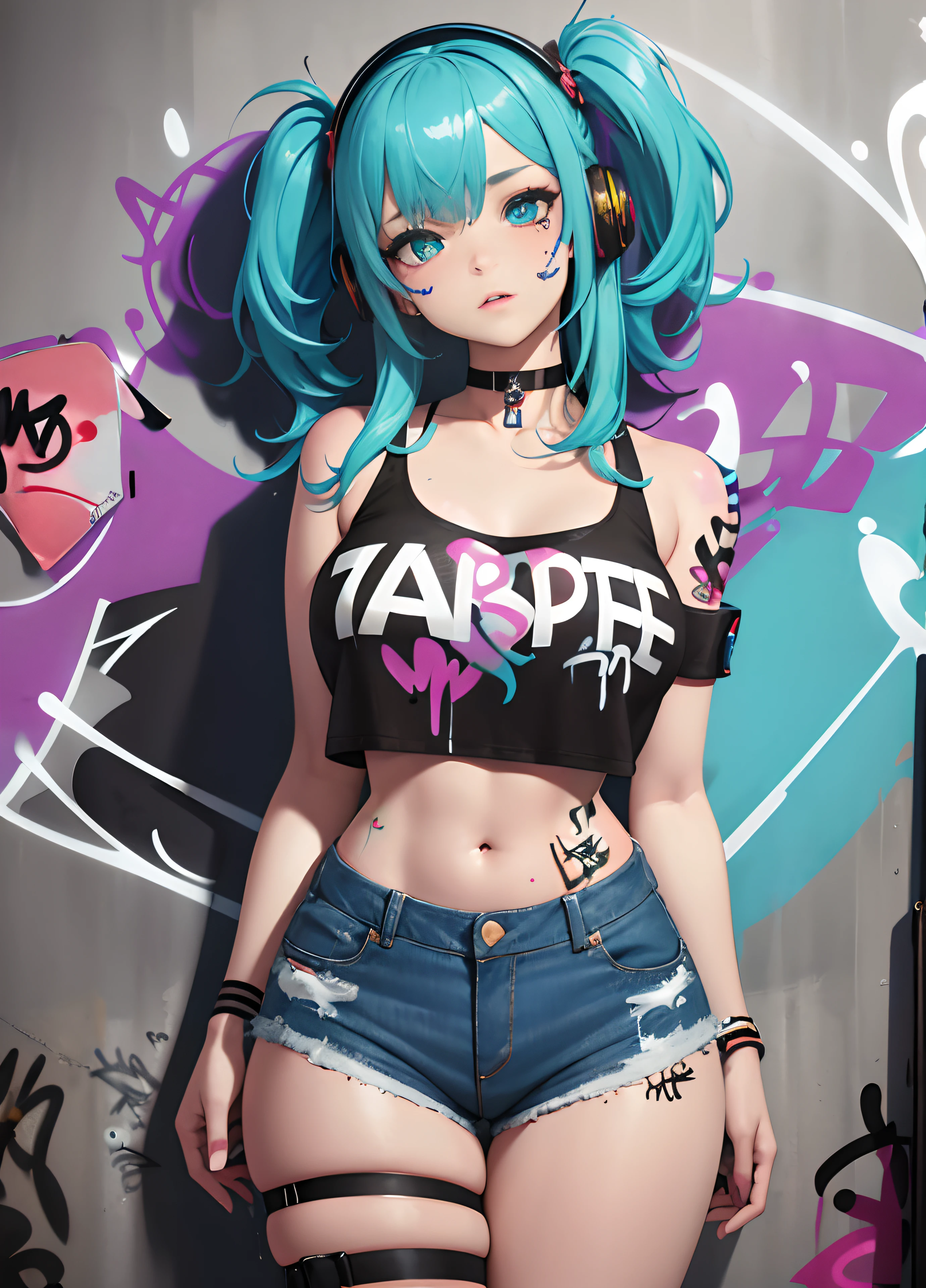 masterpiece, best quality, voluptuous, 1girl, solo, crop top, denim shorts, choker, (graffiti:1.5), paint splatter, arms behind back, against wall, looking at viewer, armband, thigh strap, paint on body, head tilt, bored, multicolored hair, aqua eyes, headset,