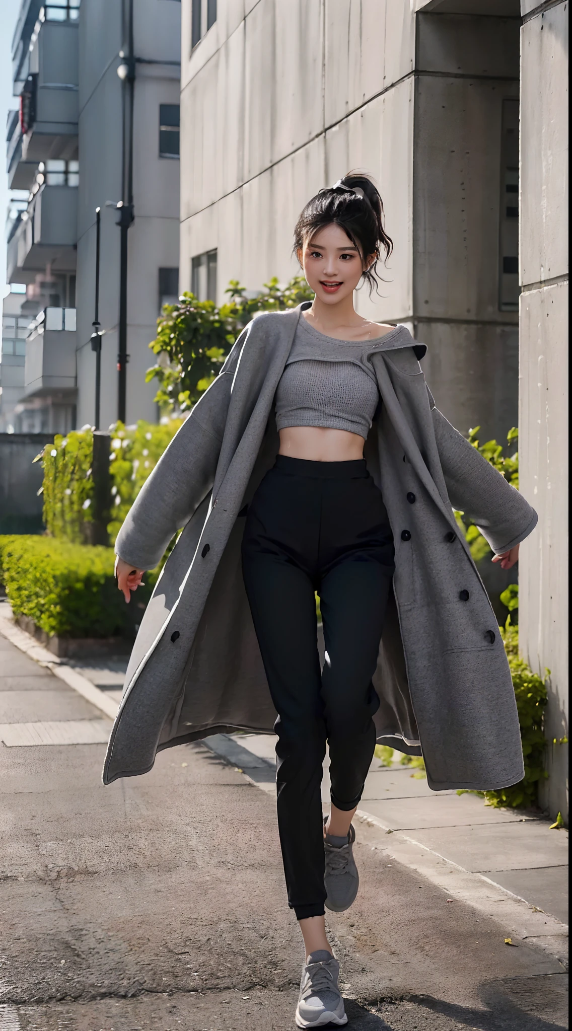 (Small underboob,small heads)), (perfect bodies: 1.1), (shoulder length straight short hair:1.1),(black hair:1.5),(short ponytail:1.3),(极其细致的CG 8k壁纸),(Extremely refined and beautiful),(masterpiece),(best qualtiy:1.0),(超高分辨率:1.9）,[A high resolution],a girl,cheerfulness,smile,(Smooth and flawless fair skin:1.5),(shiny skin:1.5),(Exquisite Makeup:1.3),ultra - detailed ，Elongated legs,(Small breasts:1.1),Flat chest,Slim,emaciated,(Grey woolen coat:1.5),(light gray high necked T-shirt:1.3),(black pants:1.4),(white sneakers:1.3),late autumn,in residential areas,high-rise residential buildings,in garden,on path,(running:1.5),(Hair flying:1.3),(open mouth:1.2) ,(female orgasmic:1.3), (blush:1.3),(sweat:1.6),(day scene:1.5),bright sunshine,full body