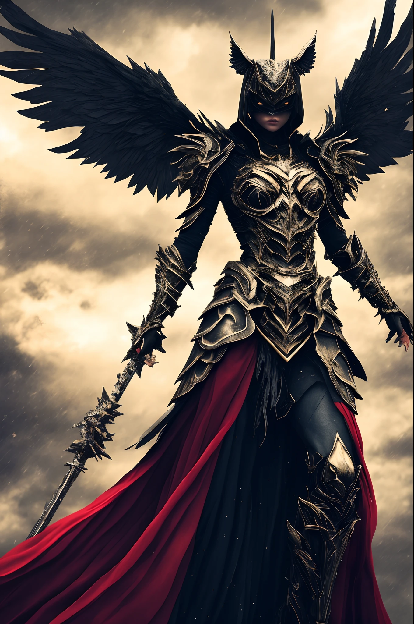 Full body shot, epic fallen valkryie dark knight maiden. wings composed of a black miasma , gold plasma particles and thunder static, hyper-detailed black and red valkyrie helmet and body armour, beautifully drawn crystal red eyes, mysticism, backlight, fantasy, beautiful, professional photo, 132k, 1/350s, f/3.8, ISO/100, high resolution, high detail, 40mm lens, aesthetically pleasing, correct angle. gloomy sky background.