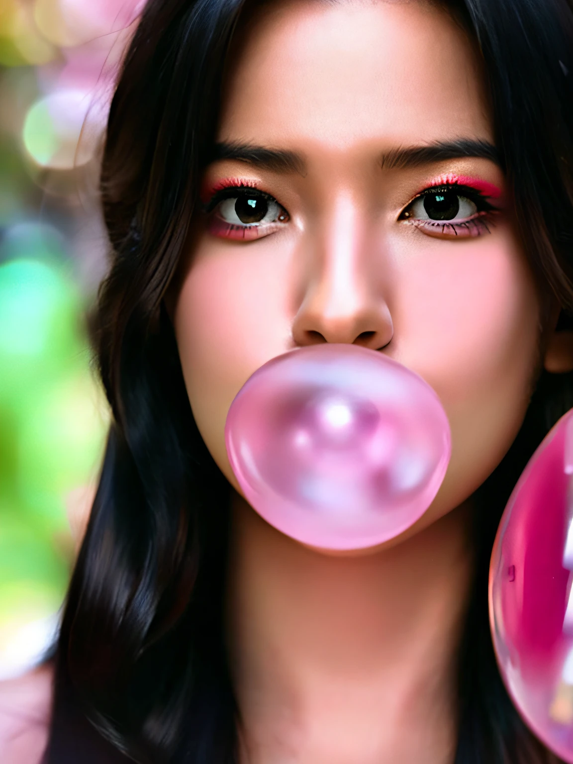 Young beautiful woman, blowing bubble gum, pink bubble gum, blow gum, hdr, 8k, sharp focus, highly detailed, (close up photorealistic portrait), (artful bokeh)