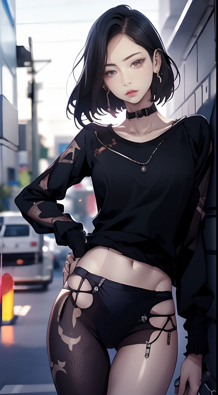 (Cinematic Digital Artwork: 1.3), High quality, masutepiece, of the highest quality, Super Detail, Illustration, [4K Digital Art]、 lndswgnr, (Sharp Focus: 1.5), (Moody lighting:1.2), depth of fields, Bokeh, 4K 、 High resolution, ultra-detailliert, the Extremely Detailed CG Unity 8K Wallpapers, Realistic, Photorealsitic, Raw photo, beautifull detailed face, pale skin, realistic glistening skin, Detailed Cloth Texture, detailed hair texture, Perfect body, Beautiful face, acurate, Anatomically correct, Highly detailed face and skin texture, Natural neck length, (Beautiful hands), (Fair skin:1.2), thin legs, Thin feet, Detailed people、A detailed face、细致背景、masutepiece, Best Quality, pixiv, Cool Girl, Lots of piercings, earrings, Blonde hair, (Dark skin), Gal、Full body painting、Urban city、Dark cold lighting、Stand against the wall in downtown