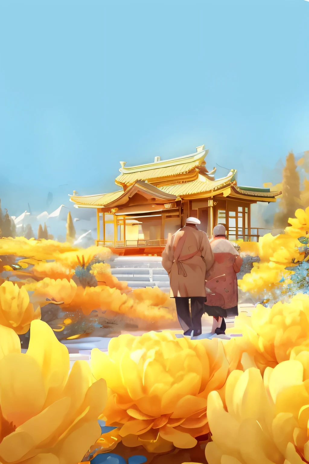 There was a man and a woman walking in a flower field, A beautiful artwork illustration, Chinese watercolor style, Japanese art style, trending on cgstation, traditional japanese concept art, digital painting style, inspired by Hiroshi Yoshida, Inspired by Yoshida Hanbei, digital painting of a pagoda, Anime background art, digital cartoon painting art, stunning art style