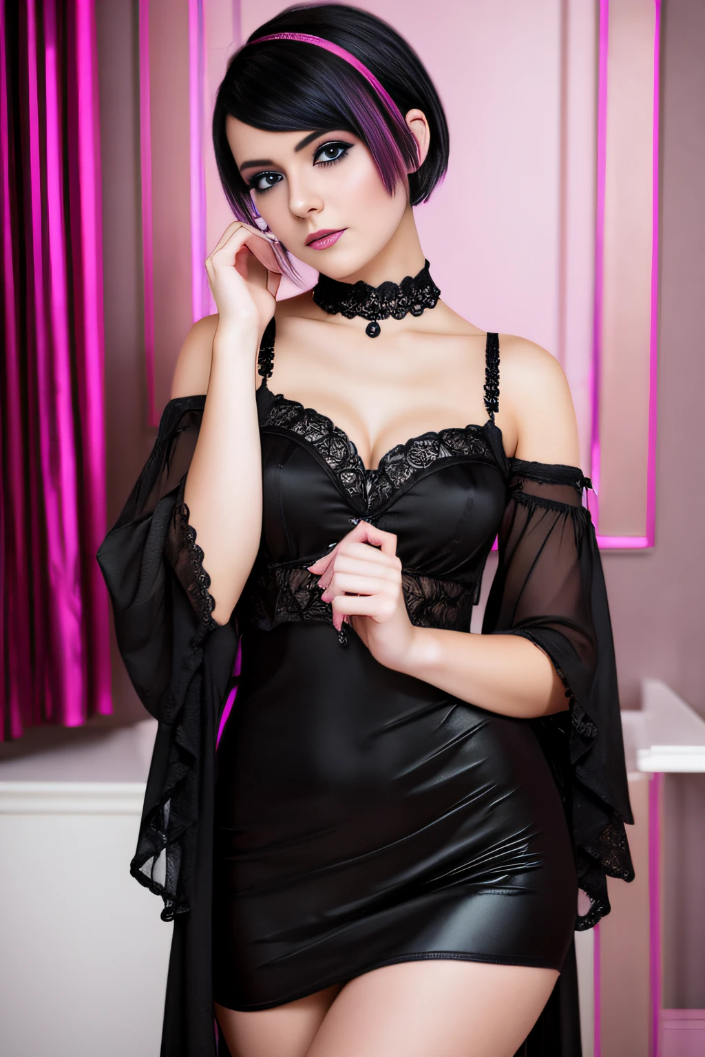 RAWphotograph of a pretty 20 yo english girl, short black hair, shimmering pink make up, erotic pose, professional editorial picture, gothic