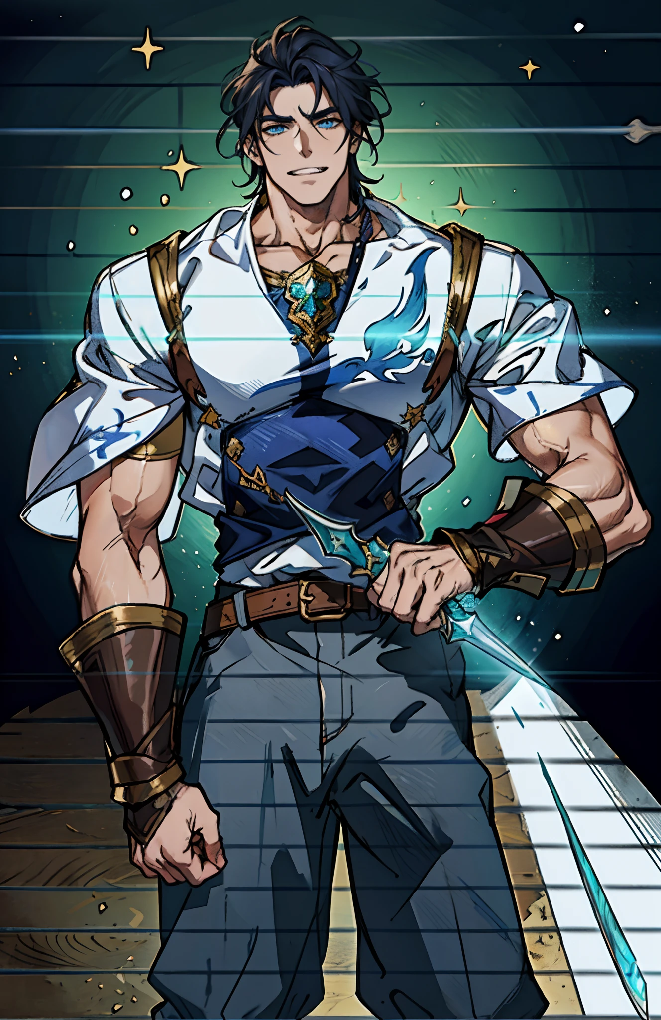 An elderly man with short dark blue hair, a fierce gaze, a wild toothy grin, a fantasy-style outfit of leather armor and a white shirt, a white chest armor with dark blue stripes on the edges, he holds a phantom dagger, dagger emitting a faintly green glow, a belt tied around his waist, cloth trousers, the background shows the vastness of the cosmic stars, this character embodies a finely crafted fantasy-style swordsman in anime style, characterized by an exquisite and mature manga illustration art style, high definition, best quality, highres, ultra-detailed, ultra-fine painting, extremely delicate, professional, anatomically correct, symmetrical face, extremely detailed eyes and face, high quality eyes, creativity, RAW photo, UHD, 8k, Natural light, cinematic lighting, masterpiece:1.5