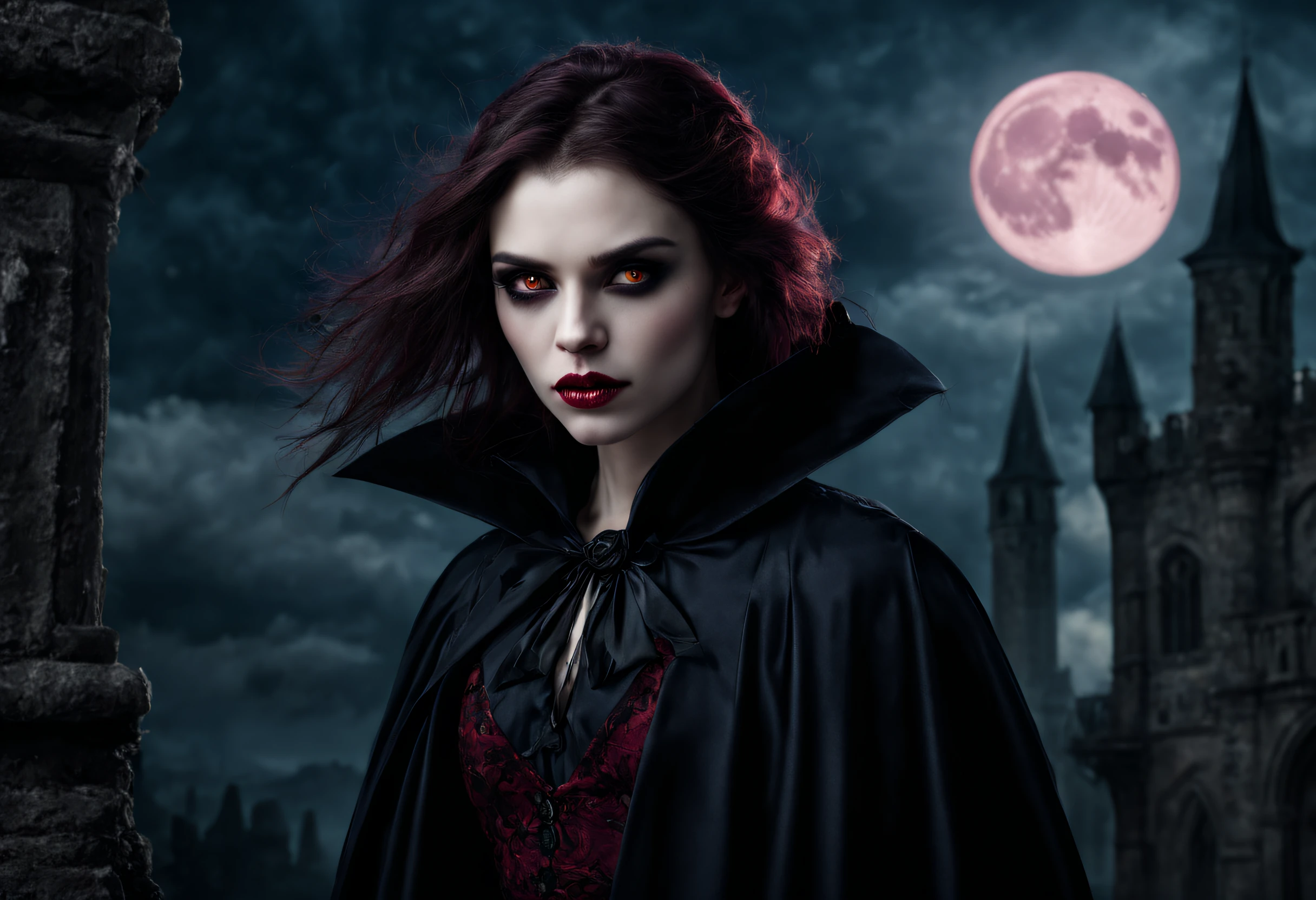 (best quality,4k,8k,highres,masterpiece:1.2),ultra-detailed,(realistic,photorealistic,photo-realistic:1.37),dark atmosphere,portrait of a vampire,vivid red eyes,sharp fangs,detailed facial features,pale skin,dark hair,dramatic lighting,gloomy background,gothic art style,hint of blood,creepy expression,calm and confident posture,full moon in the night sky,transformation of a human to a vampire,ancient castle silhouette,black cloak swirling in the wind,ominous shadows,ethereal beauty,supernatural power,high contrast,color grading of deep blue and purple,hauntingly beautiful,horror theme