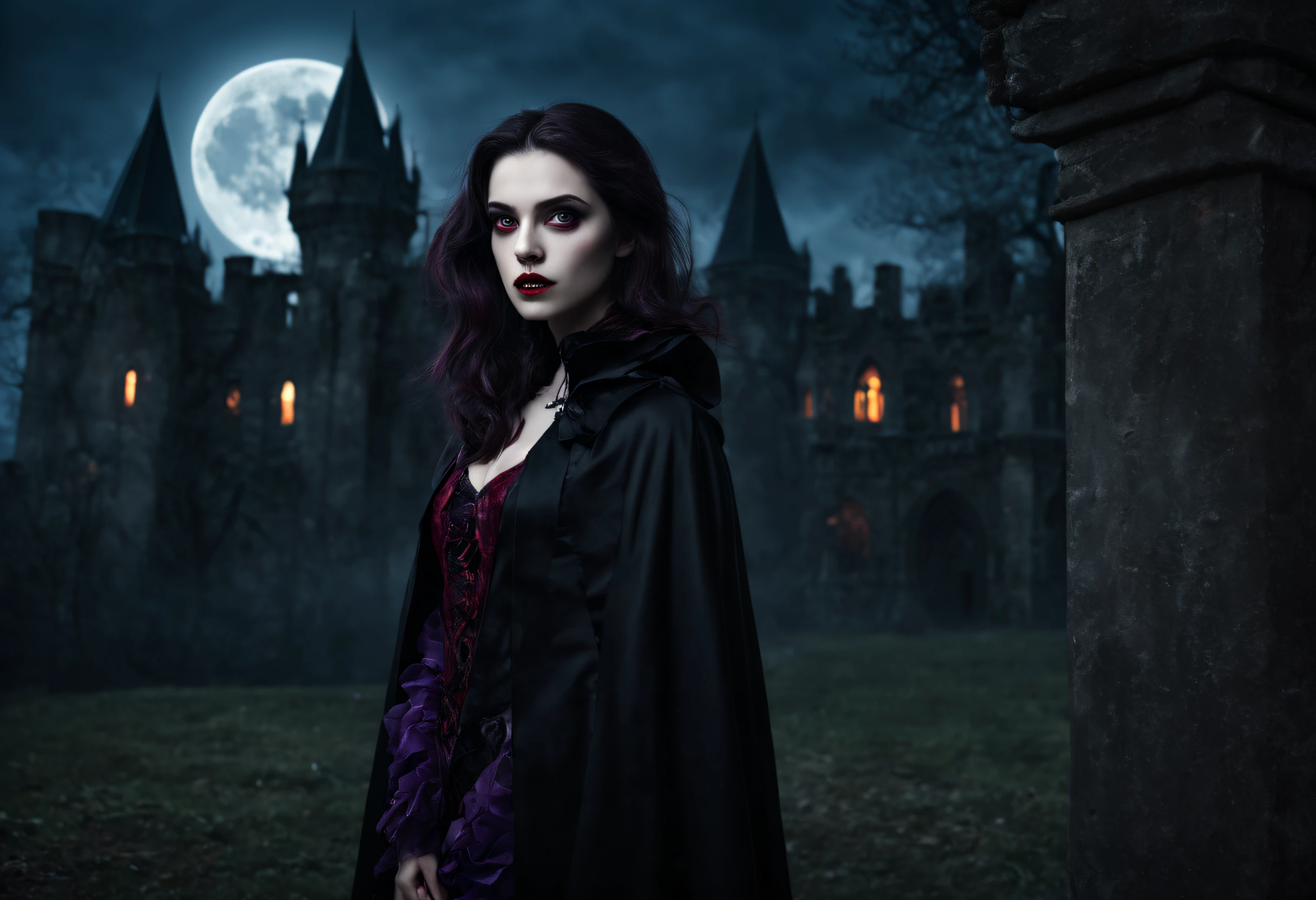 (best quality,4k,8k,highres,masterpiece:1.2),ultra-detailed,(realistic,photorealistic,photo-realistic:1.37),dark atmosphere,portrait of a vampire,vivid red eyes,sharp fangs,detailed facial features,pale skin,dark hair,dramatic lighting,gloomy background,gothic art style,hint of blood,creepy expression,calm and confident posture,full moon in the night sky,transformation of a human to a vampire,ancient castle silhouette,black cloak swirling in the wind,ominous shadows,ethereal beauty,supernatural power,high contrast,color grading of deep blue and purple,hauntingly beautiful,horror theme