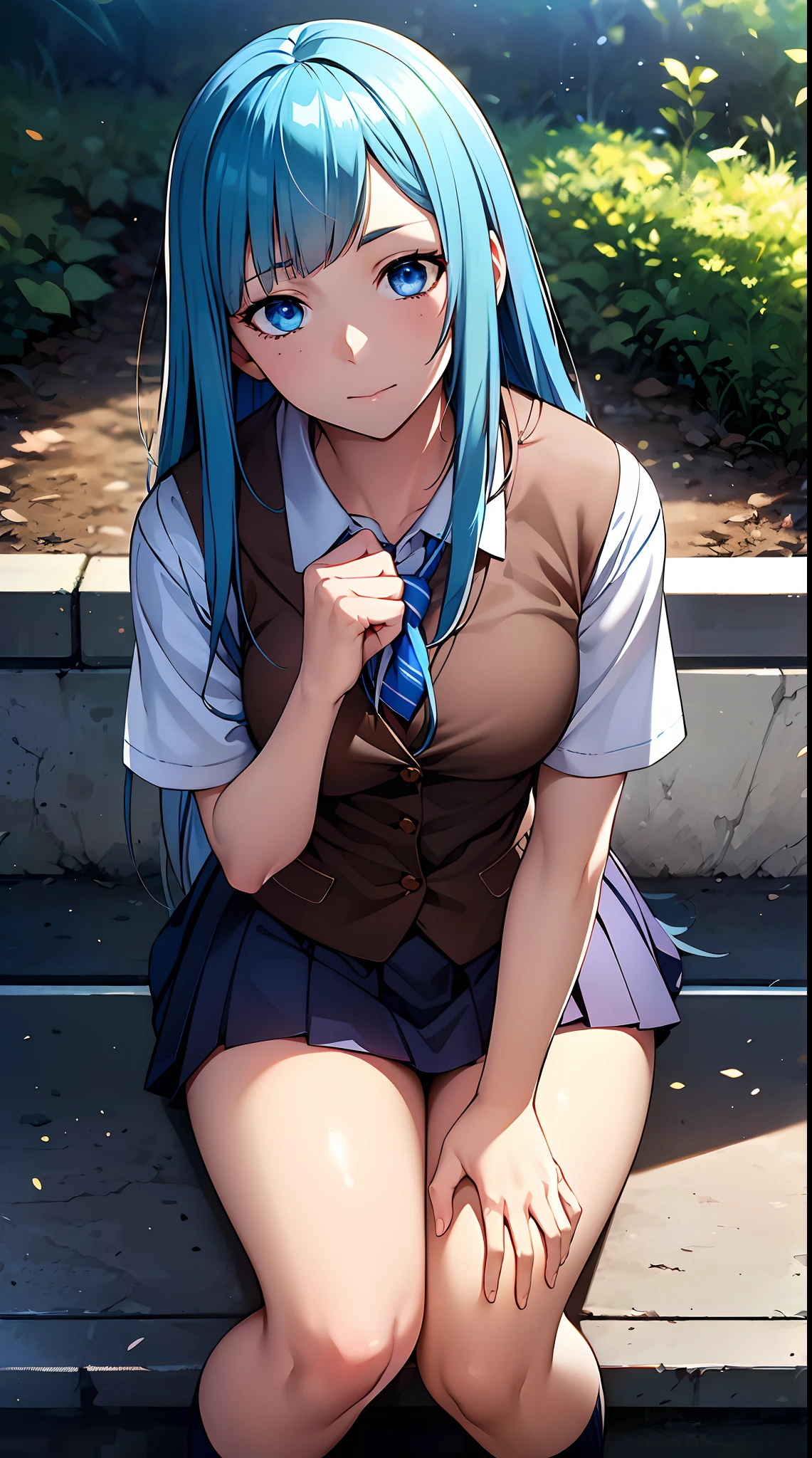 miwakasumi, eyes, blue hair, long hair, BREAK necktie, pleated skirt, school uniform, short sleeves, skirt, (u.a. school uniform:1.5), BREAK looking at viewer, in the park, , BREAK (masterpiece:1.2), best quality, high resolution, unity 8k wallpaper, (illustration:0.8), (beautiful detailed eyes:1.6), extremely detailed face, perfect lighting, extremely detailed CG, (perfect hands, perfect anatomy),(sit down)