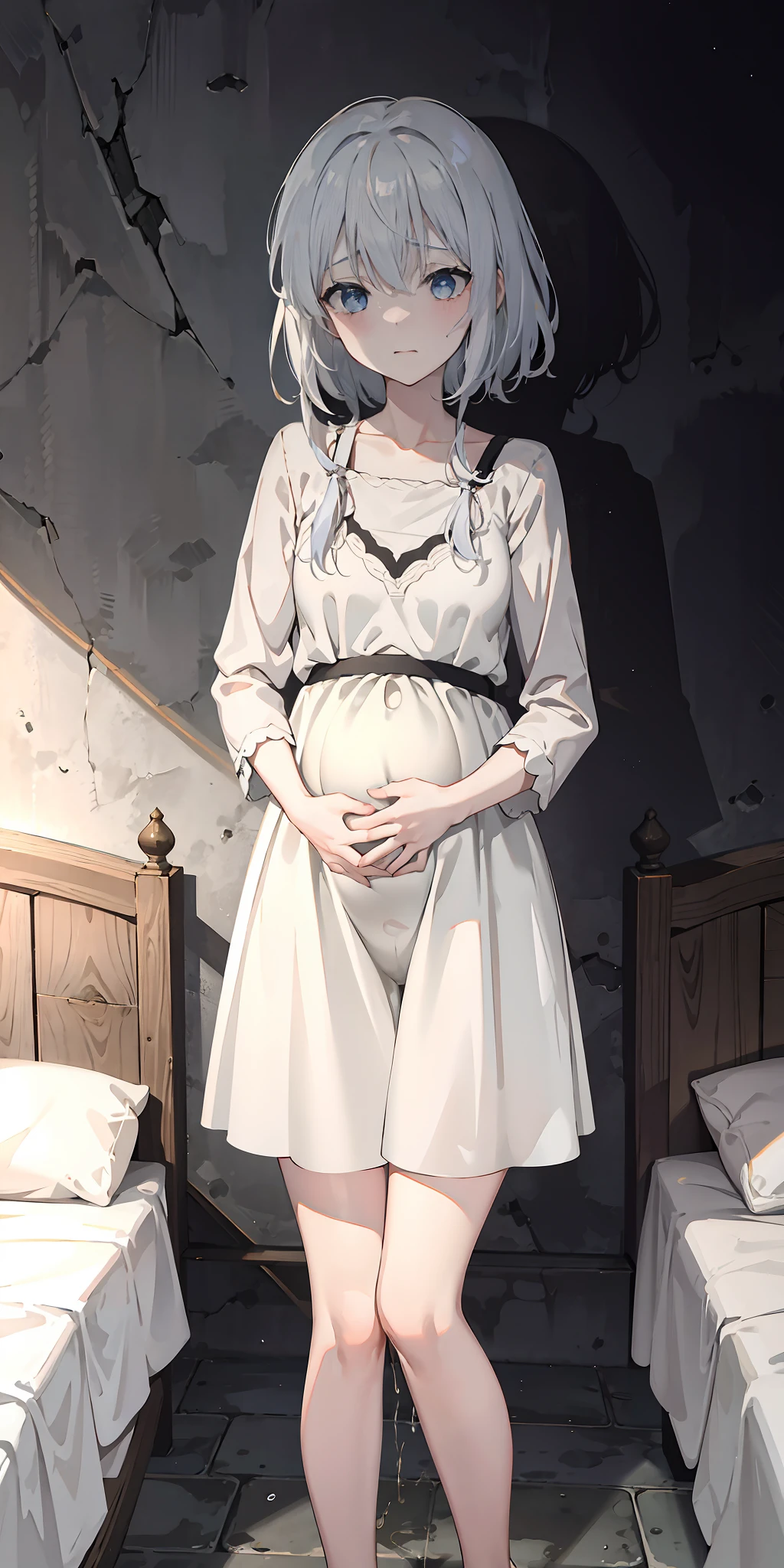 Elaina,white ash hair, anime girl, white pajama dress, pale face, sweating, heavy breath, blushing, pregnant, Pregnant  belly, (best quality:1.2), ultra-detailed,realistic ,portraits, vivid colors, soft lighting, interesting PoV, (pee is white:0.7), spread kneel, Lie down on bed, (the girl's  is wet: 0.7), spread leg,