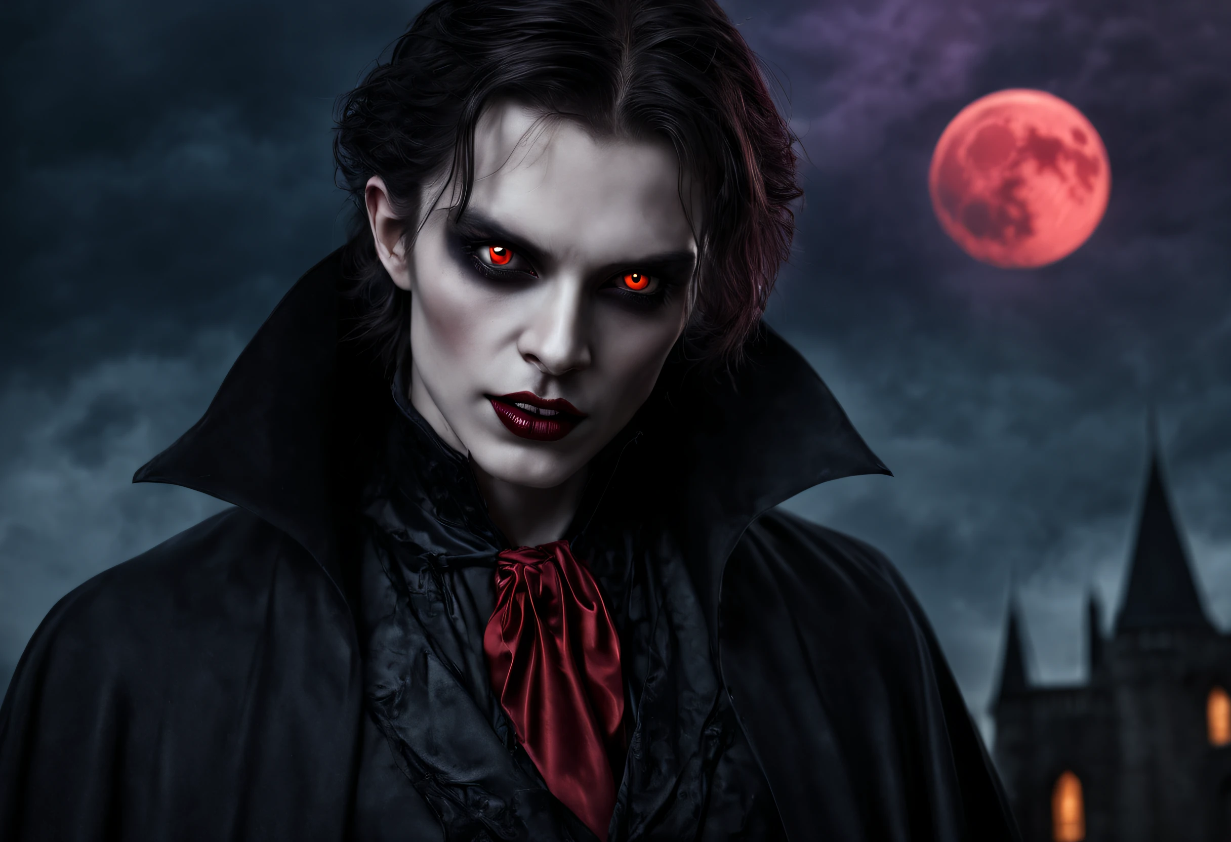 (best quality,4k,8k,highres,masterpiece:1.2),ultra-detailed,(realistic,photorealistic,photo-realistic:1.37),dark atmosphere,portrait of a vampire,vivid red eyes,sharp fangs,detailed facial features,pale skin,dark hair,dramatic lighting,gloomy background,gothic art style,hint of blood,creepy expression,calm and confident posture,full moon in the night sky,transformation of a human to a vampire,ancient castle silhouette,black cloak swirling in the wind,ominous shadows,ethereal beauty,supernatural power,high contrast,color grading of deep blue and purple,hauntingly beautiful,horror theme