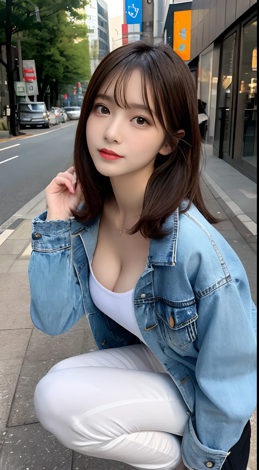 finely detail, hight resolution, hightquality、Perfect dynamic composition, Beautiful detailed eyes, Medium Hair, small tits、Natural Color Lip,Kamimei、Shibuya、20 years girl、1 persons、Transparent skin、Glowing hair、masutepiece, Best Quality, Ultra-detailed, finely detail, hight resolution, 8K、The correct state of the human body、crouching down、Gravure Model Pose,Beautiful sunset,In front of the café,beautiful ilumination,Photographed with hair fluttering in the wind,Colossal tits:1.3,((I can see the cleavage:1.5,Wearing a white shirt with a V-neck:1.5,denim jackets:1.5,Black skinny pants))