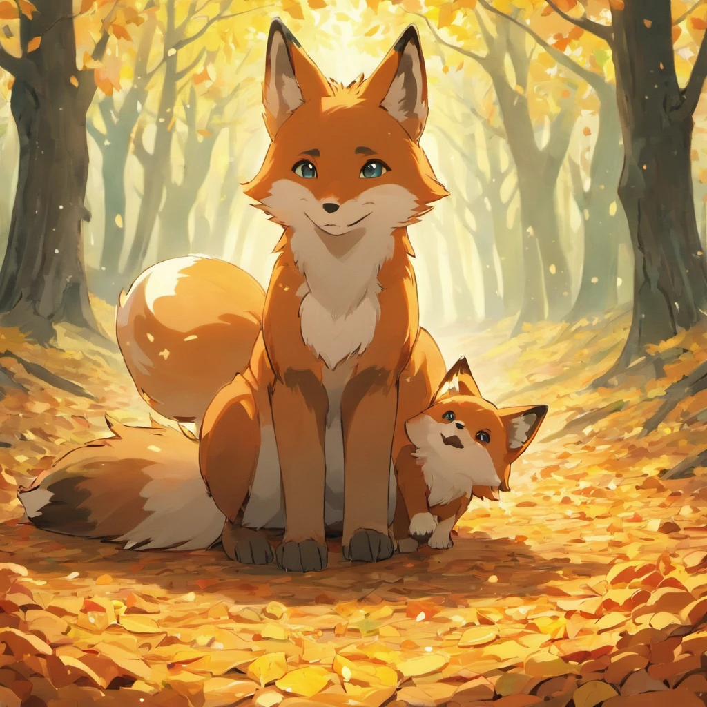(Best Quality,4K,8K,hight resolution,masutepiece:1.2),Ultra-detailed, a lot of fallen leaves,Colorful autumn scene,Lonely Fox,cute fox,autumn forest,Mantofox made of maple leaves,One fox to accompany,Tree roots,nut,serene ambiance,maple trees,Colored leaves,Beautiful colored fox,dark green and orange leaves,,Happy smile,A smile,Tasty-looking nuts,peaceful environment,Natural lighting,Soft raindrops,Leaves in the ground,Gentle fog,The tree々The sun flickers,Majestic tree trunk,Innocence,Cute atmosphere