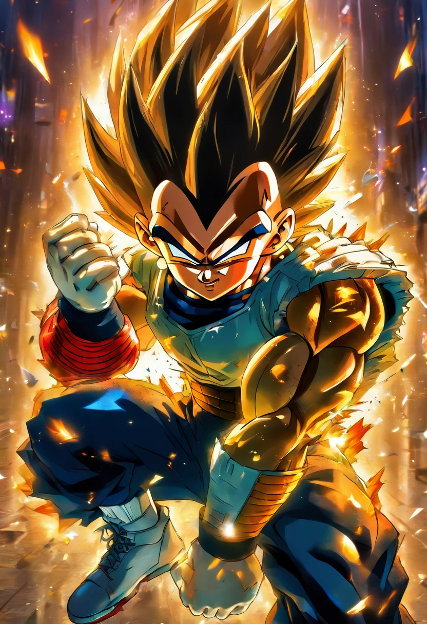A cool and trendy character vegeta from Dragon Ball Z, platinum dark blue hair, red eyes, wearing trendy hip hop clothing, wearing a hoodie, graphic t-shirt and torn jeans, tons of tattoos and piercings, graffiti style background, highly detailed background, perfect masterpiece, high quality, high resolution