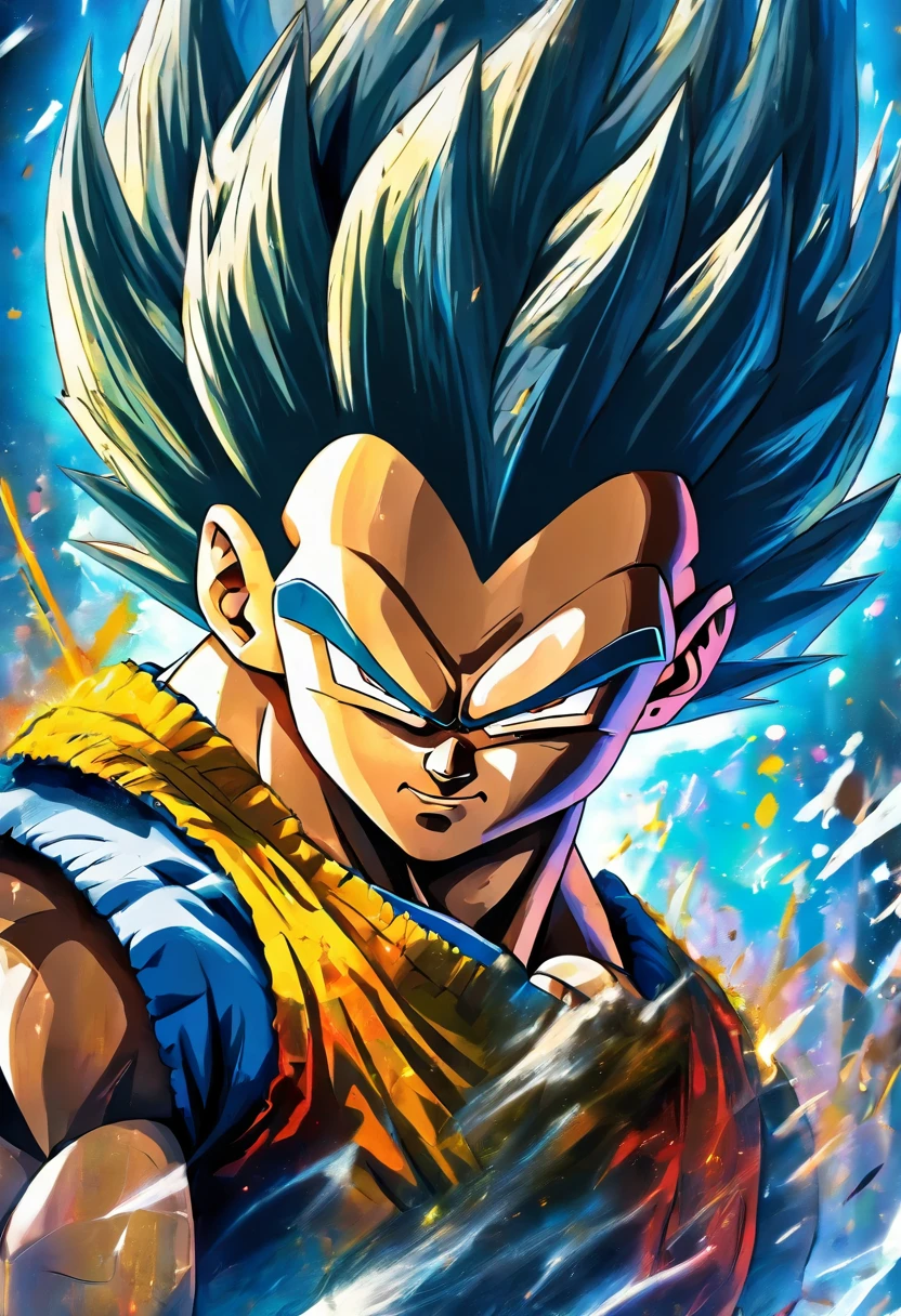 A cool and trendy character vegeta from Dragon Ball Z, platinum dark blue hair, red eyes, wearing trendy hip hop clothing, wearing a hoodie, graphic t-shirt and torn jeans, tons of tattoos and piercings, graffiti style background, highly detailed background, perfect masterpiece, high quality, high resolution