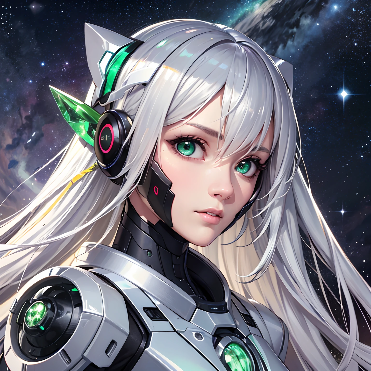 ​masterpiece、top-quality、High-quality images、hight resolution、8K、the detail、Photorealsitic、portlate、1womanl、Detailed eye depiction、Lustrous hair、skin gloss、Platinum Blonde Long Hair、emeraldgreen eyes、cyborgs、android、Electromechanical、Silver metallic、space station